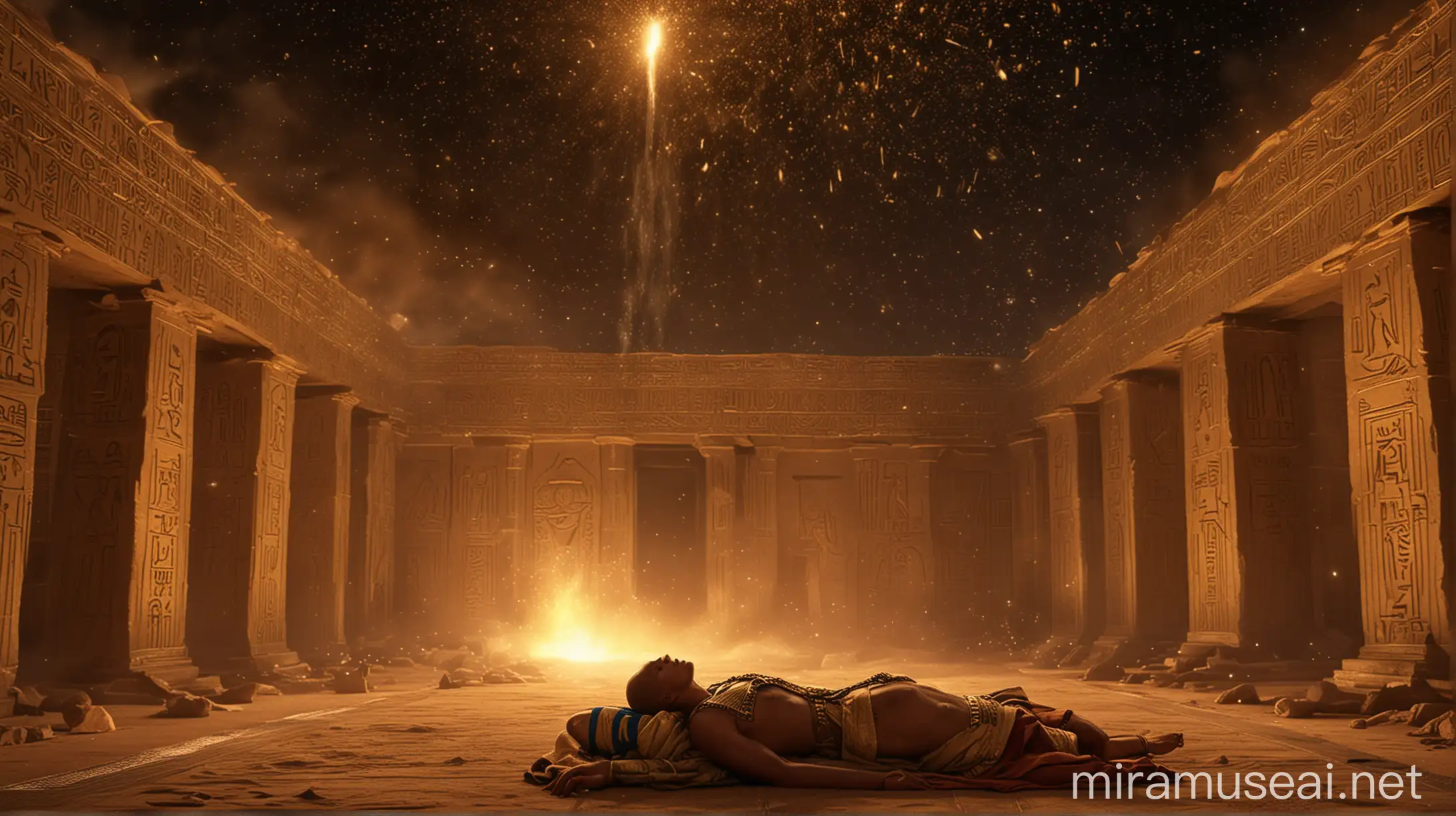 Pharaoh's Dream:

Description: Pharaoh is sleeping in a lavish, ancient Egyptian palace. Above him, a vivid dream sequence shows a star falling from the sky towards the palace, setting it ablaze.
