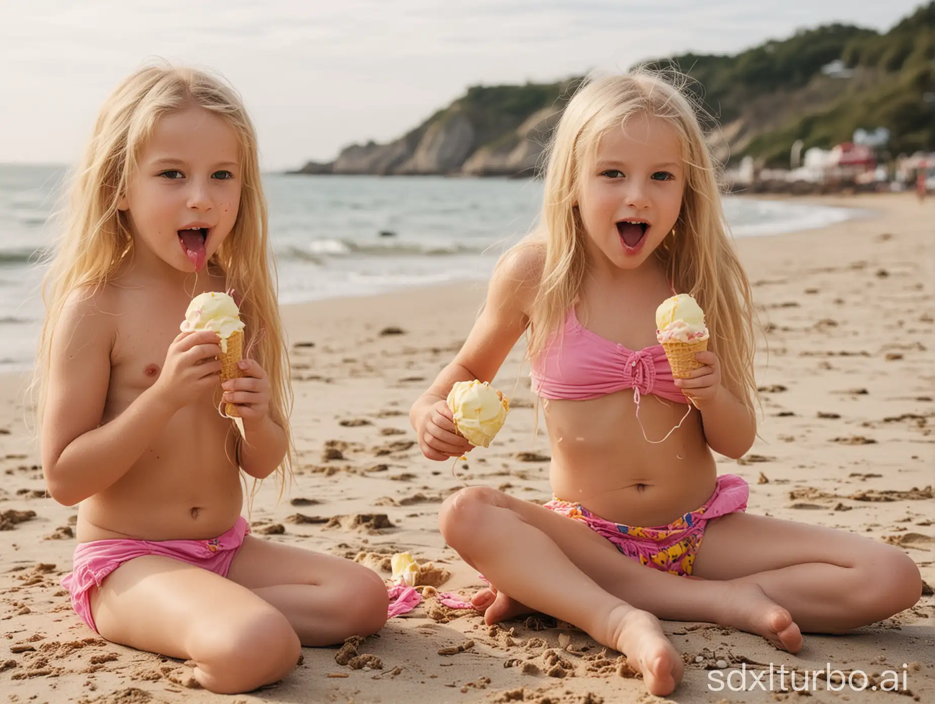 2 seven year old girls in yellow and pink string eating icecream and showing belly, blond long hair, shirtless, on beach