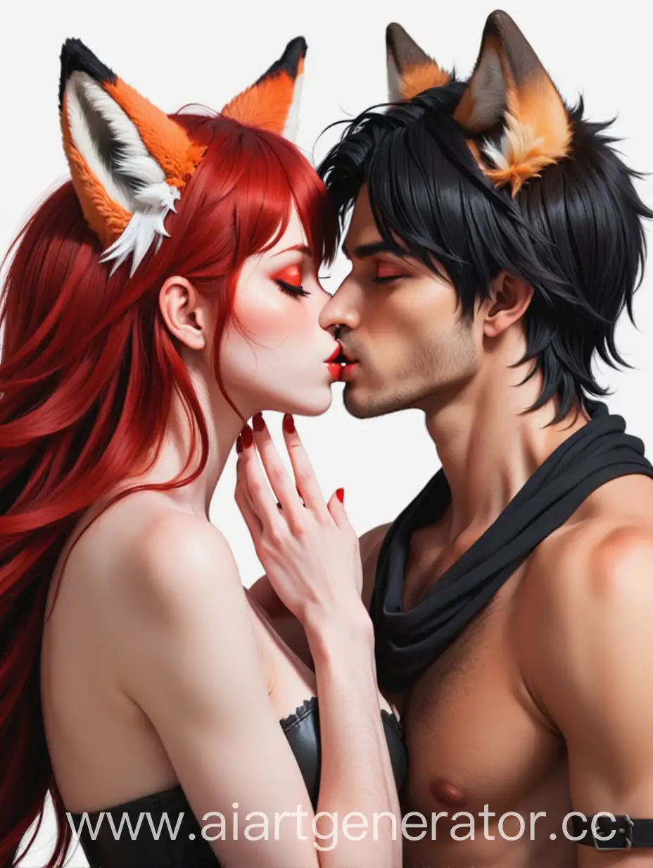 A hot black-haired guy with wolf ears. and a hot red-haired fox girl. They're kissing