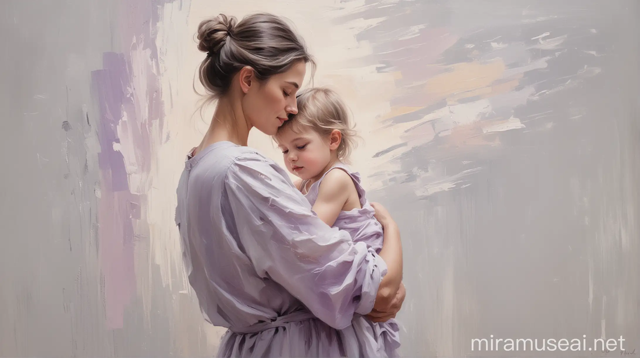 An oil painting of a mother holding her child, back,
abstract, impressionist, painted in a soft style to create an ethereal, dreamy atmosphere. The painting is in the style of an oil painting by an impressionist artist with soft tones. The background is white and light gray with a slight purple tint. The image conveys calm and serenity. This is an impressionist oil painting with clearly visible brushstrokes，Horizontal poster