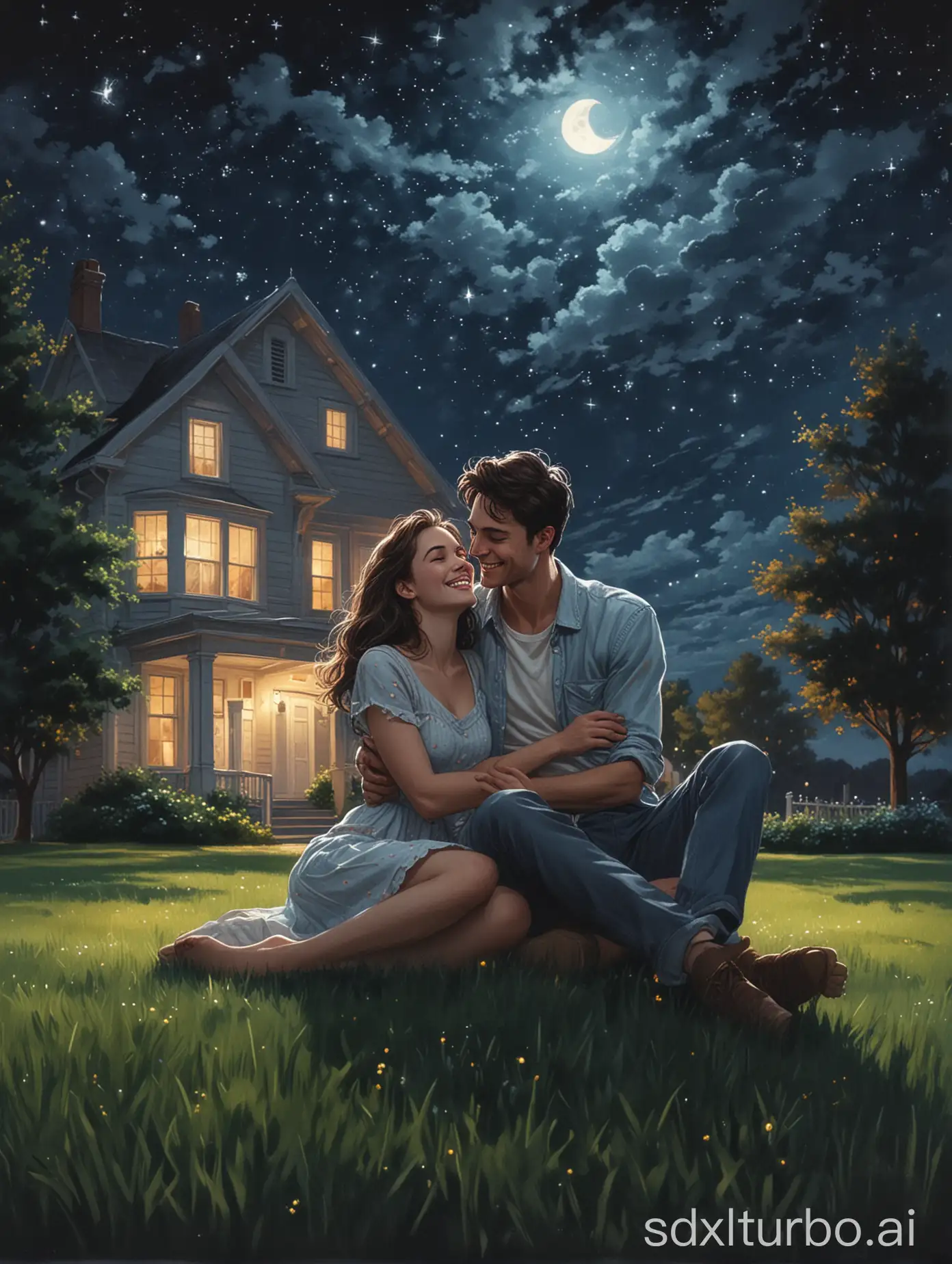 Under the bright starry sky and bright moonlight, a couple sits on the lawn and cuddles up intimately, with happy smiles
