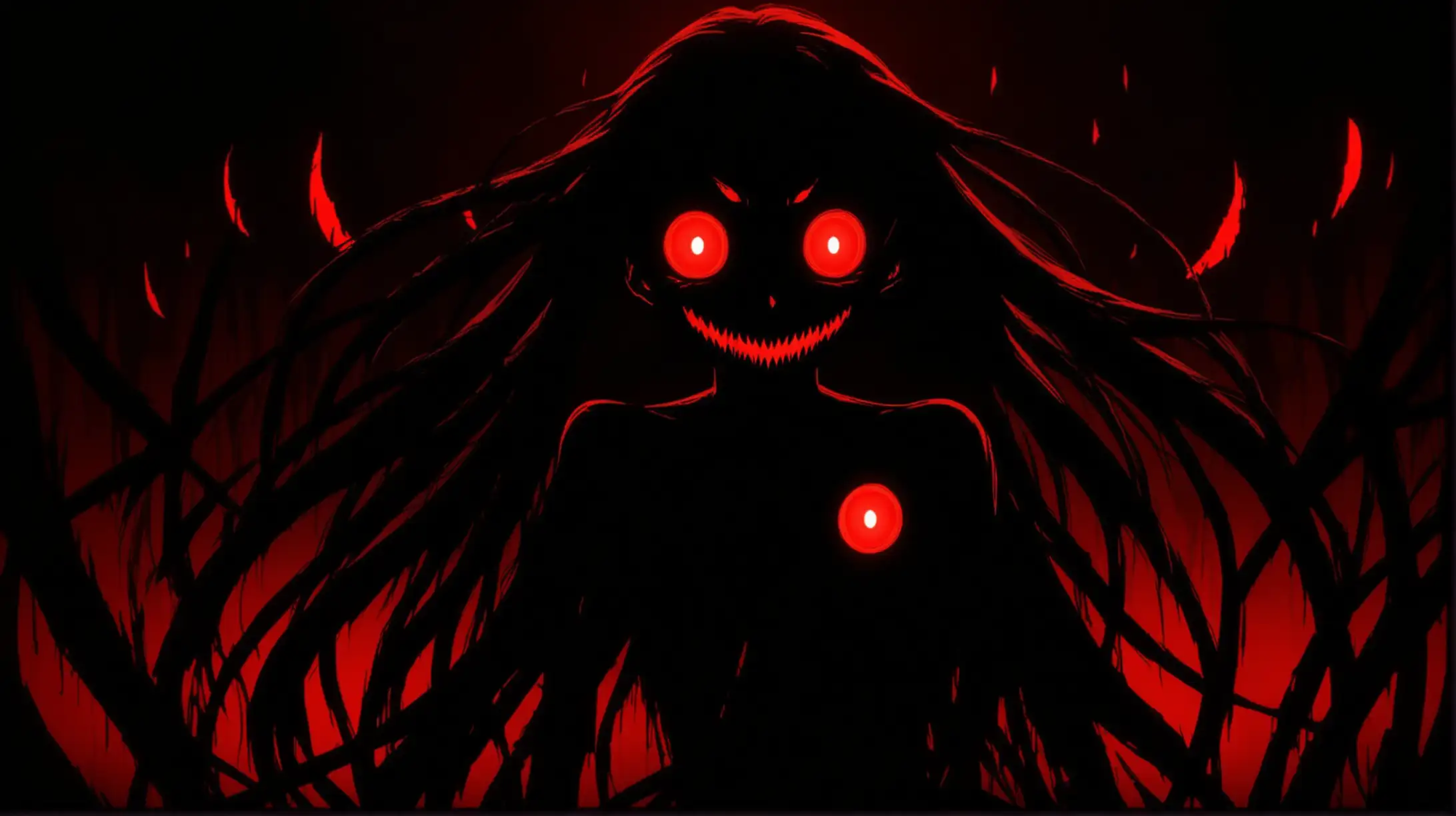 Sinister Anime Girl with Glowing Eyes on Dark Background