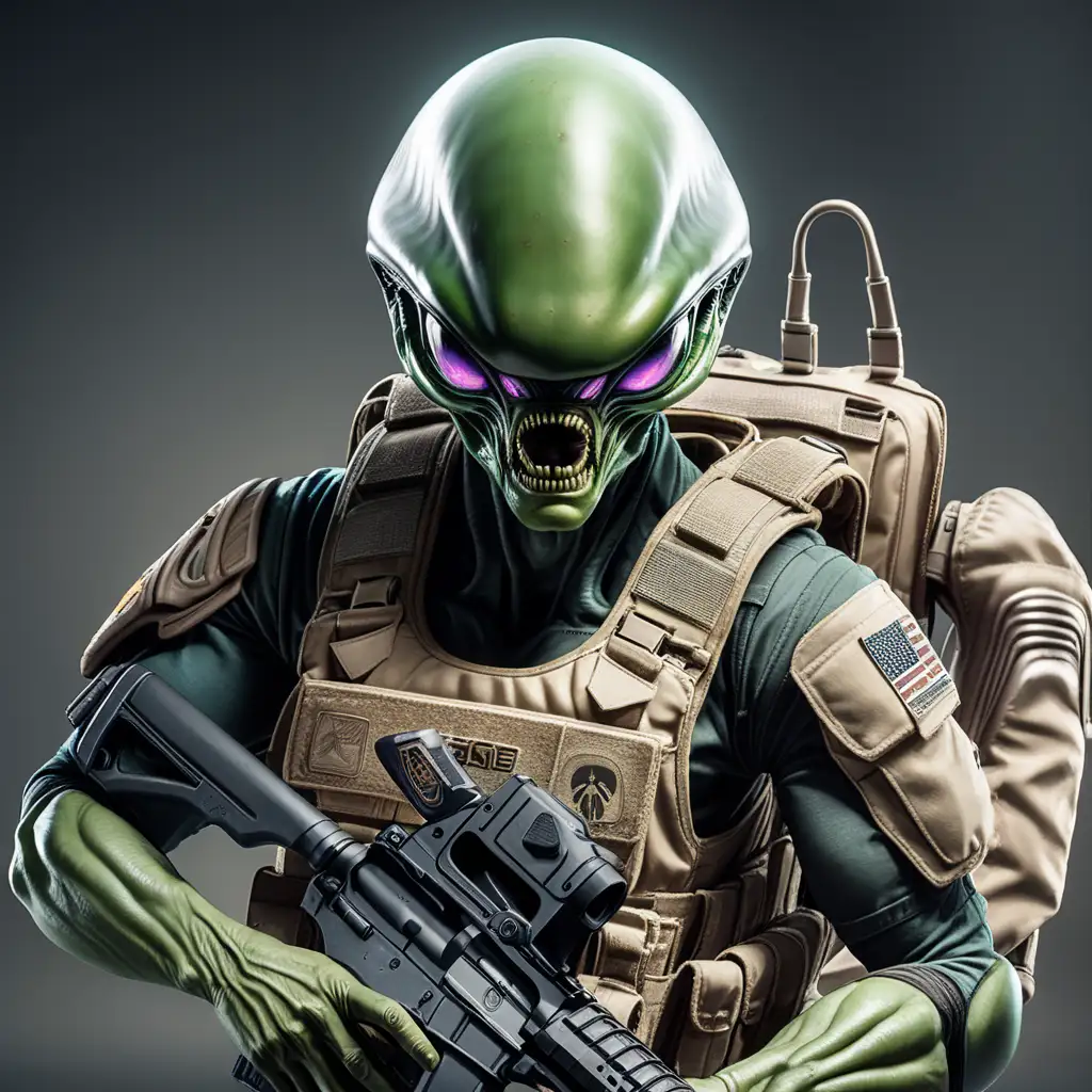 create an image of an alien soldier wearing a tactical vest and an M1-helmet saving a fellow alien soldier