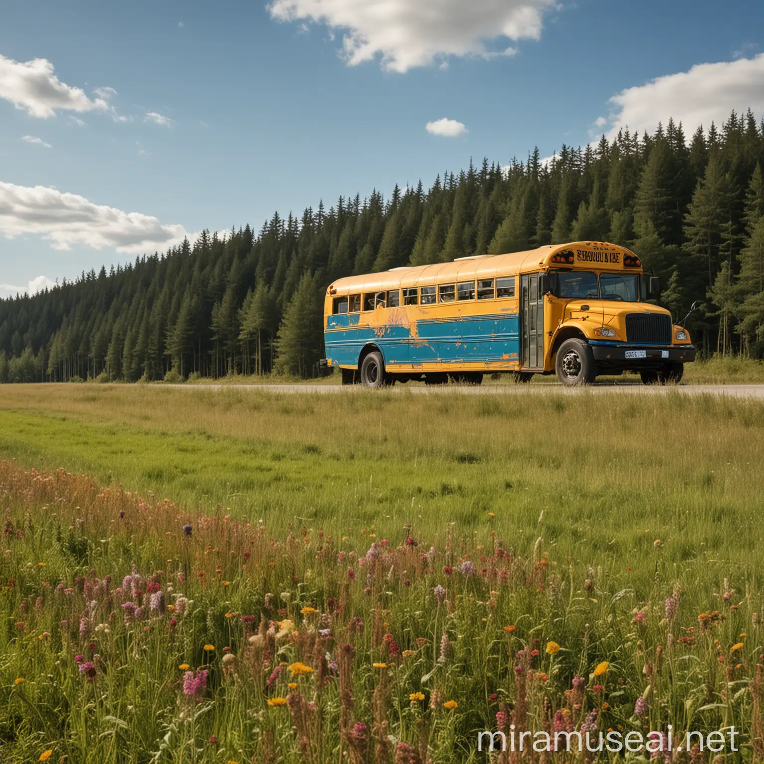 Vibrant School Bus Journey Through Countryside Fields under a Blue Sky