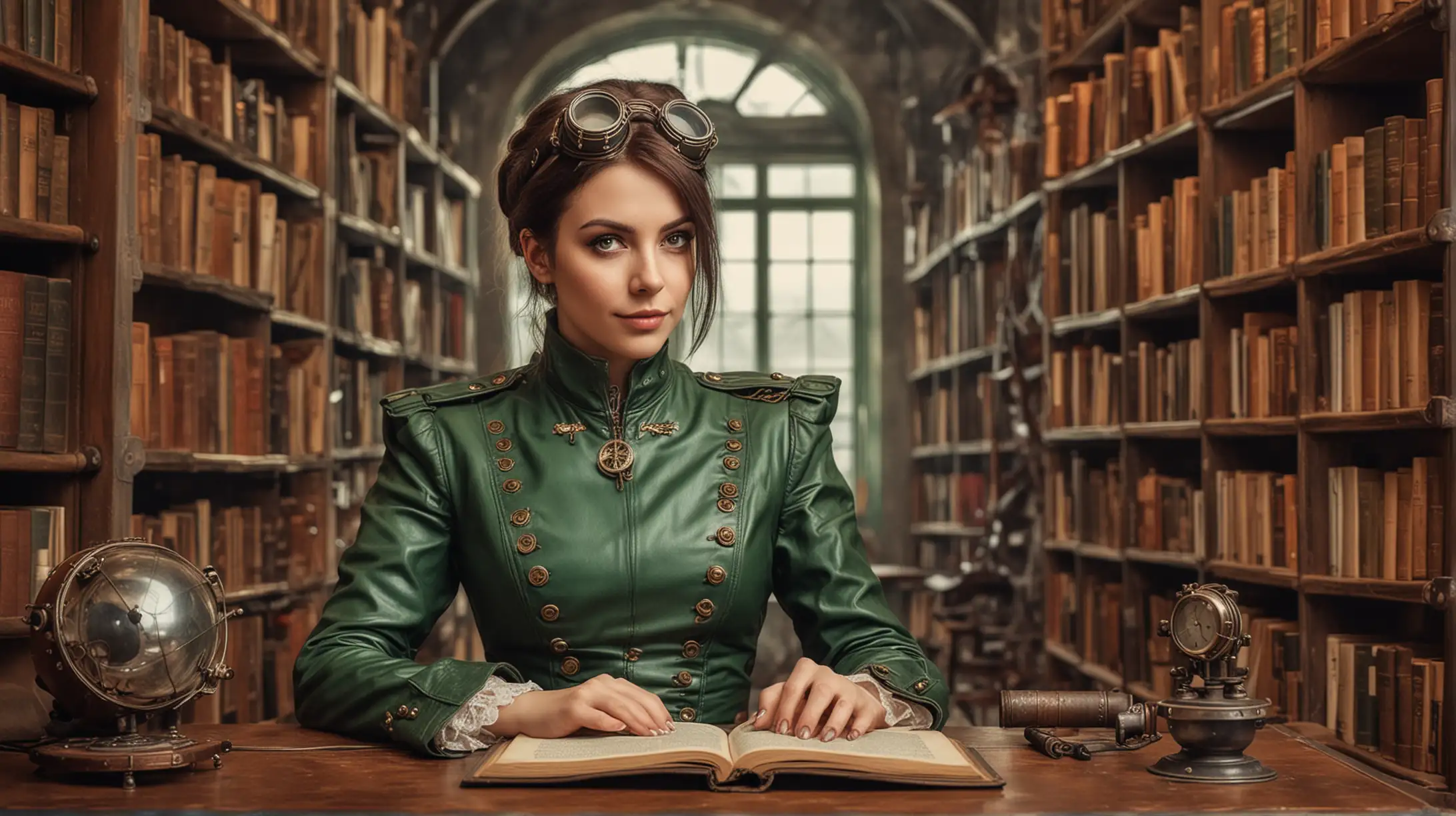 Happy Steampunk Woman Reading in Leather Green Uniform Amid Library Bookshelves