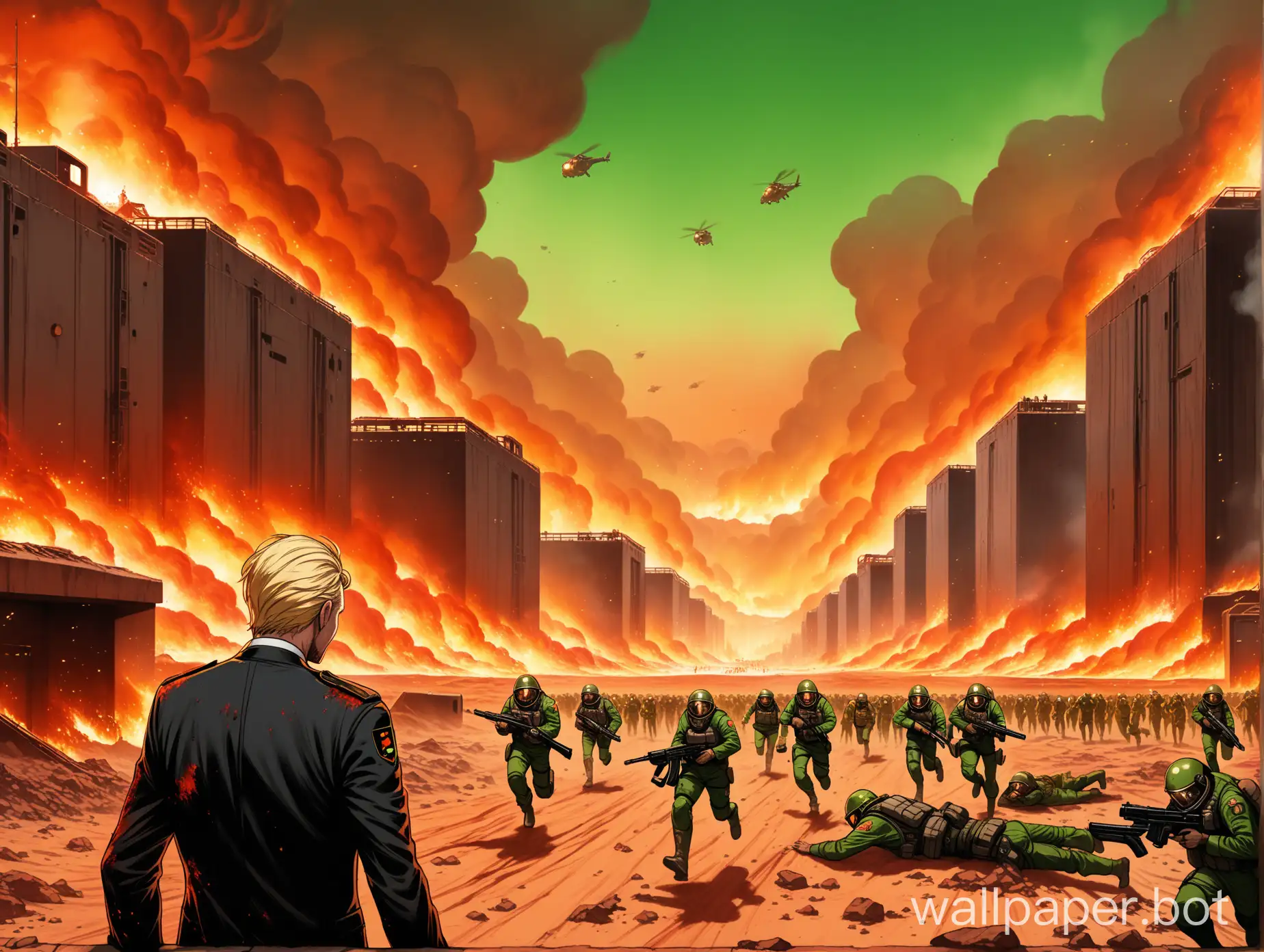 A Tired Stressed German Blonde Man Wearing A Blood Soaked Black Tuxedo With A Old German Hand Gun On Mars Protecting Them From Solders Wearing White Full Body Combat Armor With The Chinese Flag Behind Them People Rushing Into Fallout Shelters And Distant Burning Sky Scrapers With People Jumping Of Of The Roof. The The Distant Green Sky There Are Tungsten Rods Firing Down On The City