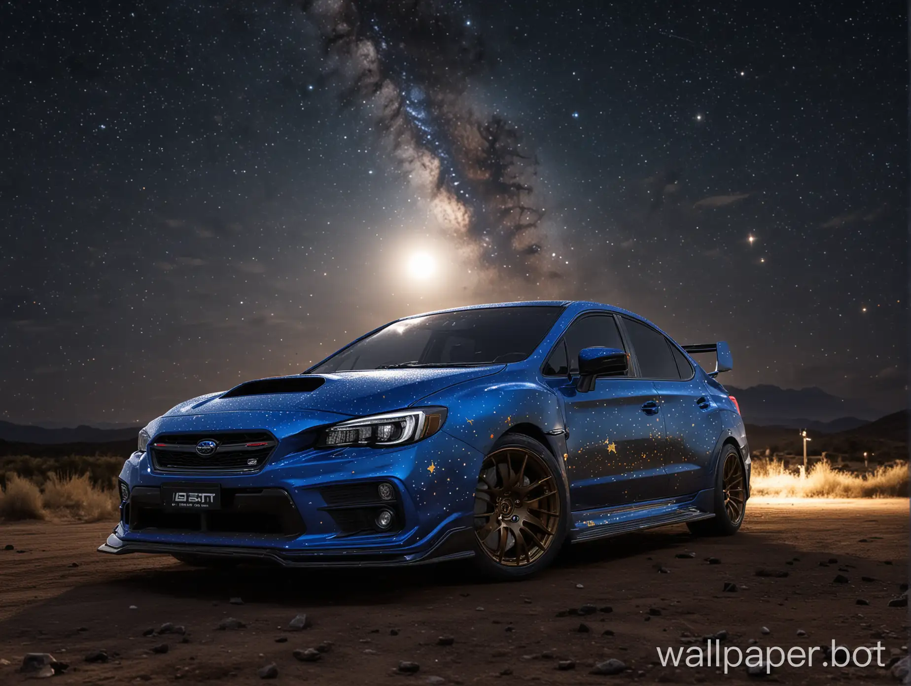 create 4k wallpaper of subaru wrx sti high detailed ultra with moon in sky with stars