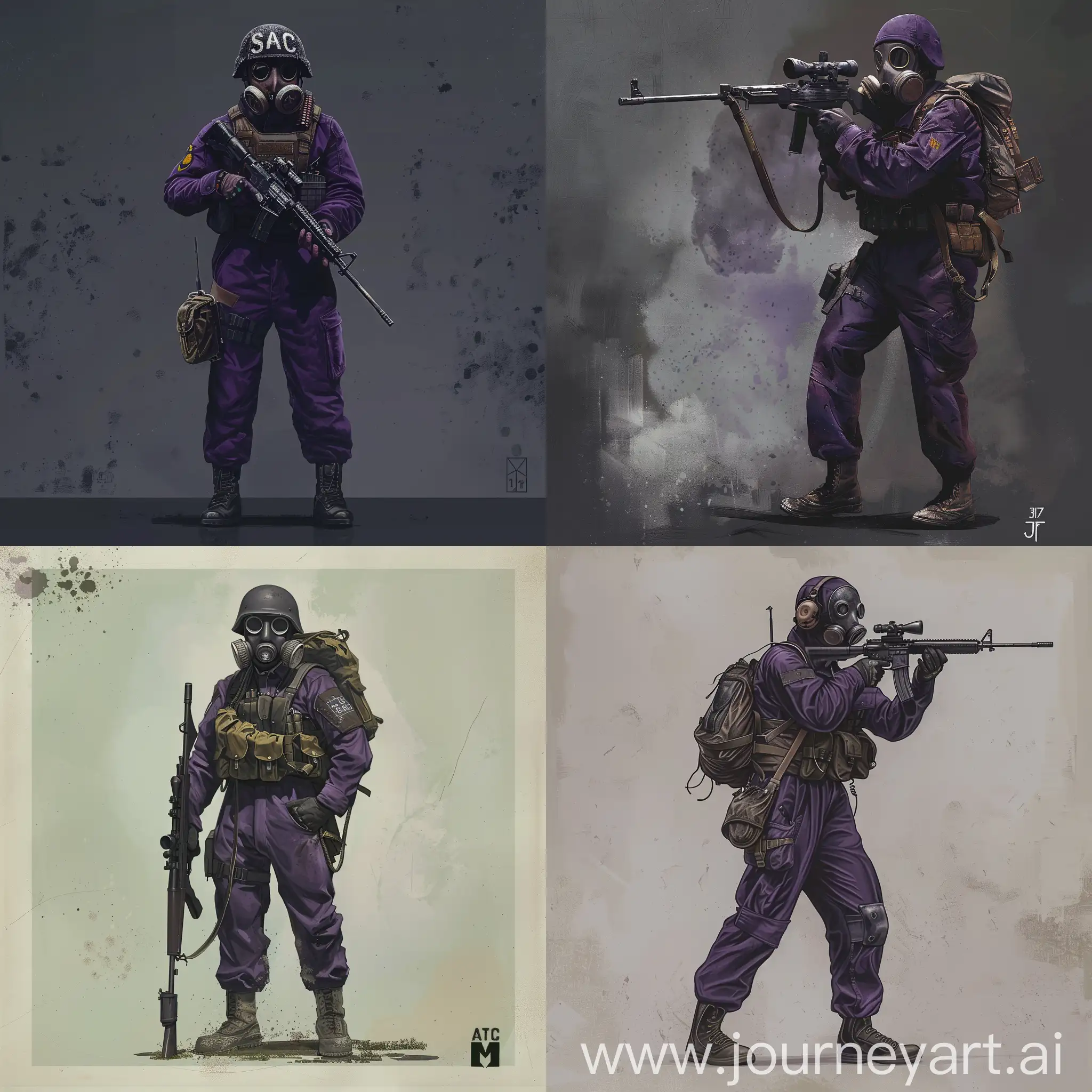 Concept character art, 1978 year SAS operator, dark purple military jumpsuit, gasmask on his face, small military backpack, military unloading on his body, sniper rifle in his hands.