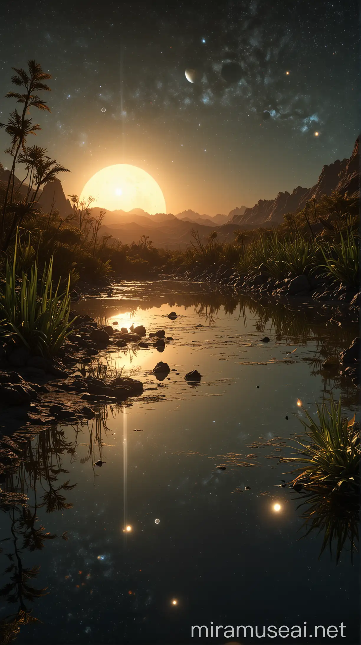 Kepler-16b with Twin Sunrises:

Description: An awe-inspiring scene of Kepler-16b, showing two suns rising simultaneously, illuminating the planet's surface with a dual glow. Include an alien vegetation and a calm, reflective body of water.