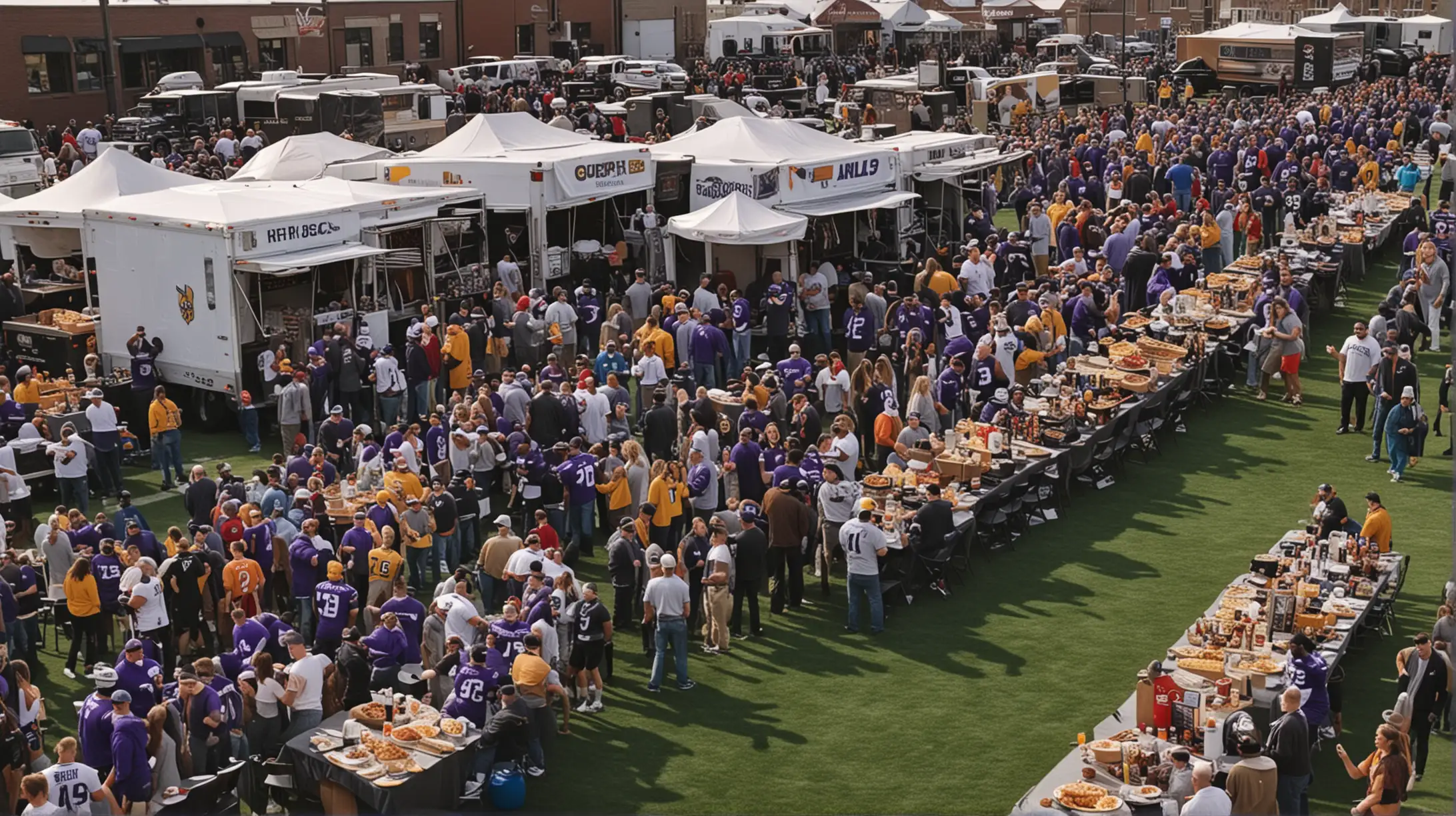 NFL Tailgate Party that's cinematic, NFL Vikings, Lots of food and drinks on tables and the tailgate of a pic-up truck.


