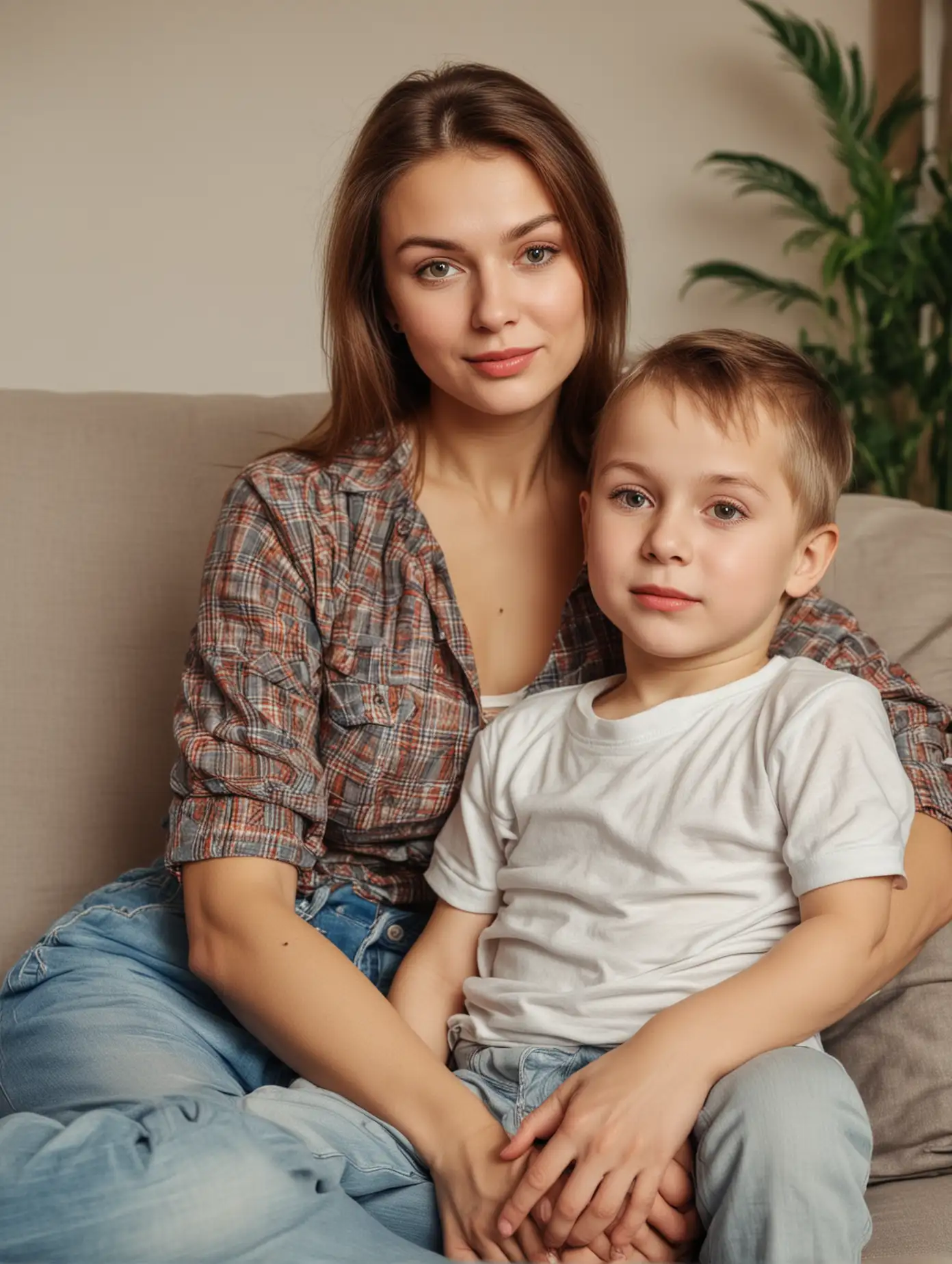 Русская красивая женщина 30 лет с маленьким сыном в квартире на диване