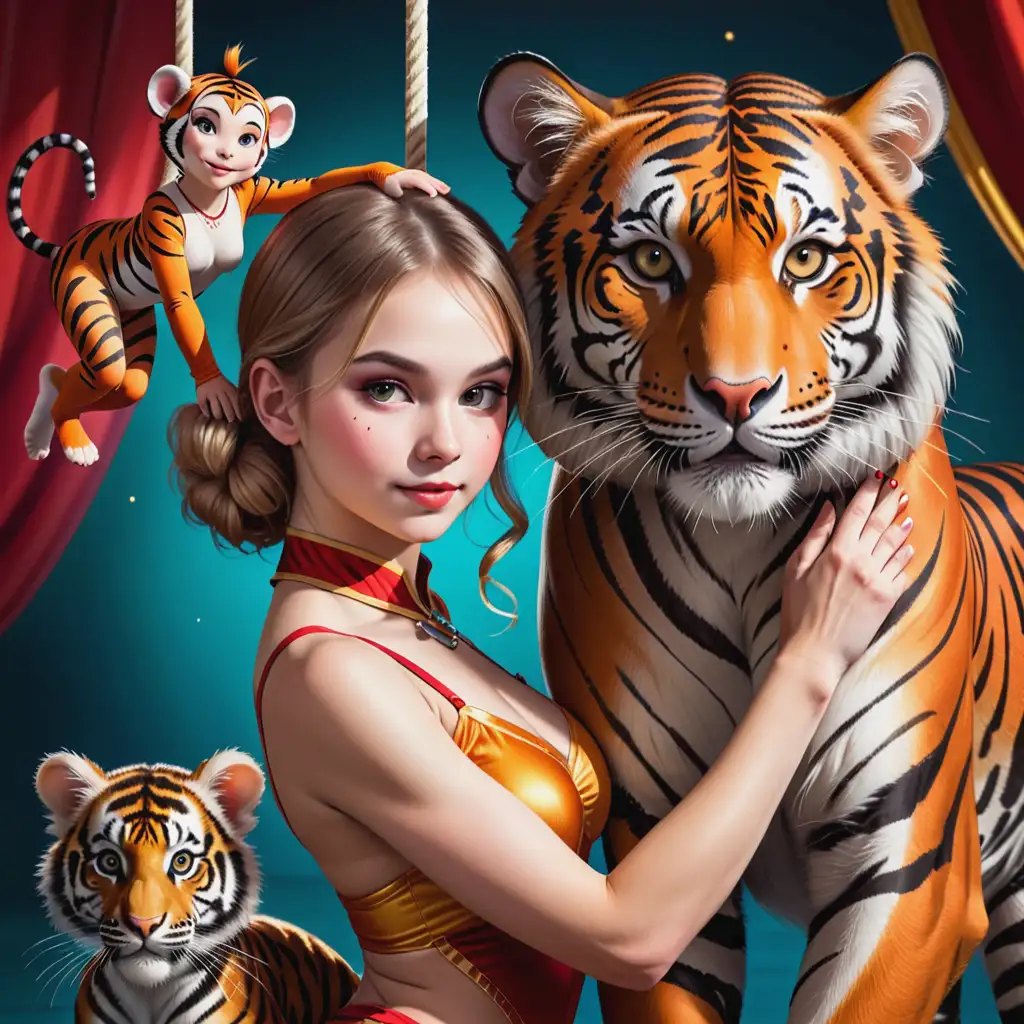 beautiful girl acrobat and tiger, monkey  on a circus poster  