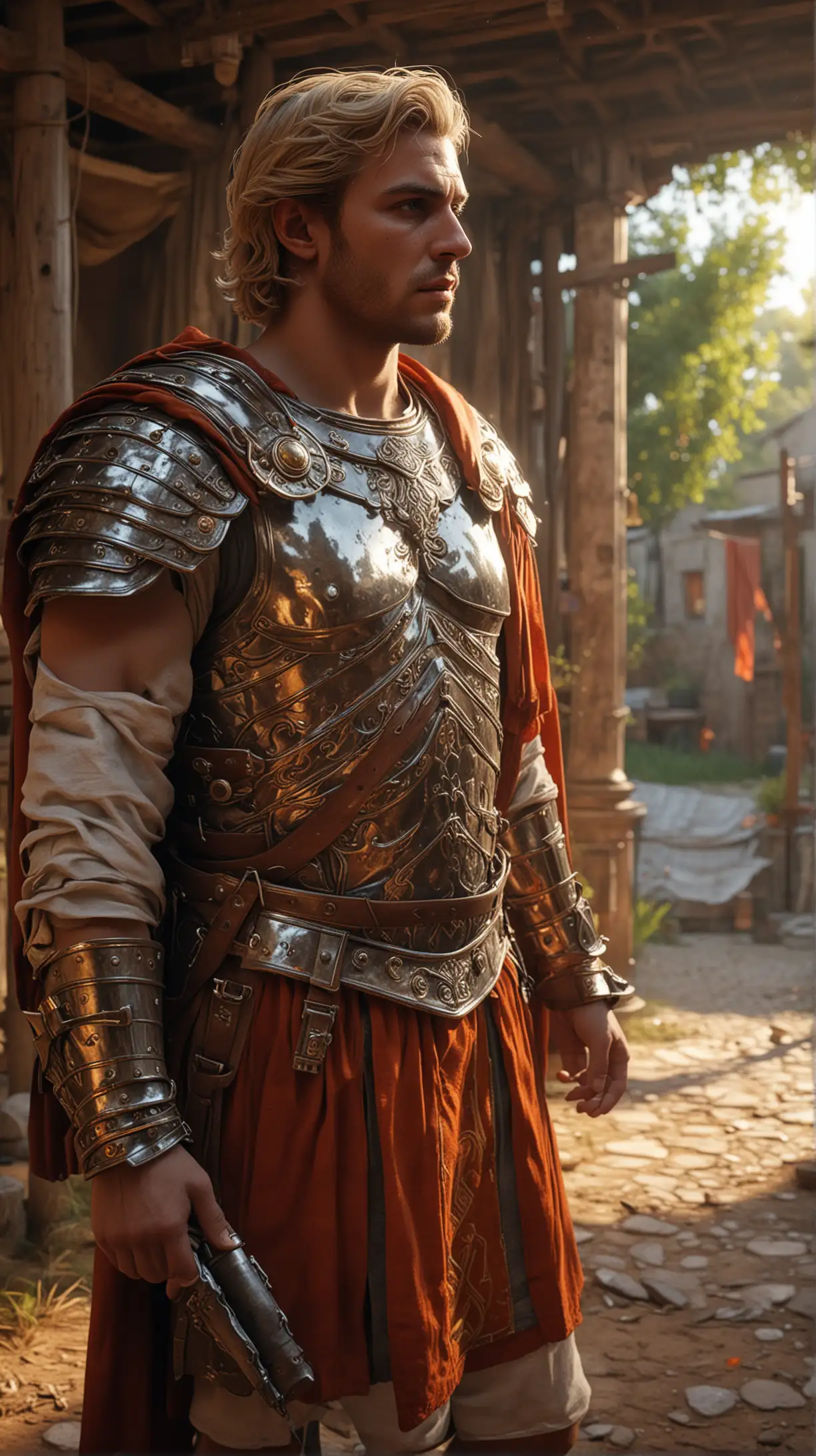 a gorgeous Ancient Roman warrior nobleman, 22 years old, with shoulder-length light-blonde hair, muscled body, wearing Ancient Roman diamond armor over an Ancient Roman orange tunic and tunica, walking in an Ancient Roman tent army camp - full detail, long shot, wide angle, vivid color, photoshoot, Unreal Engine 5, Cinematic, Color Grading, portrait Photography, Ultra - Wide Angle, Depth of Field, hyper - detailed, beautifully color - coded, insane details, intricate details, beautifully color graded, Unreal Engine, Cinematic, Color Grading, Editorial Photography, Photography, Photoshoot, Shot on 70mm lens, Depth of Field, DOF, Tilt Blur, Shutter Speed 1/ 1000, F/ 22, White Balance, 32k, Super - Resolution, Megapixel, Pro Photo RGB, VR, Good, Massive, Half rear Lighting, Backlight, Natural Lighting, Incandescent, Optical Fiber, Moody Lighting, Cinematic Lighting, Studio Lighting, Soft Lighting, Volumetric, Conte - Jour, Beautiful Lighting, Accent Lighting, Global Illumination, Screen Space Global Illumination, Ray Tracing Global Illumination, Optics, Scattering, Glowing, Shadows, Rough, Shimmering, Ray Tracing Reflections, Lumen Reflections, Screen Space Reflections, Diffraction Grading, Chromatic Aberration, GB Displacement, Scan Lines, R a y Traced, Ray Tracing Ambient Occlusi on, Anti - Aliasing, FKAA, TXAA, RTX, SSAO, Shaders, OpenGL - Shaders, GLSL - Shaders, Post Processing, Post - Production, Cell Shading, Tone Mapping, CGI, VFX, SFX, insanely detailed and intricate, hyper maximalist, elegant, hyper realistic, super detailed, photography, Hyper realistic, volumetric, photorealistic, ultra photoreal, ultra - detailed, intricate details, 8K, super detailed, full color, ambient occlusion, volumetric lighting, high contrast,