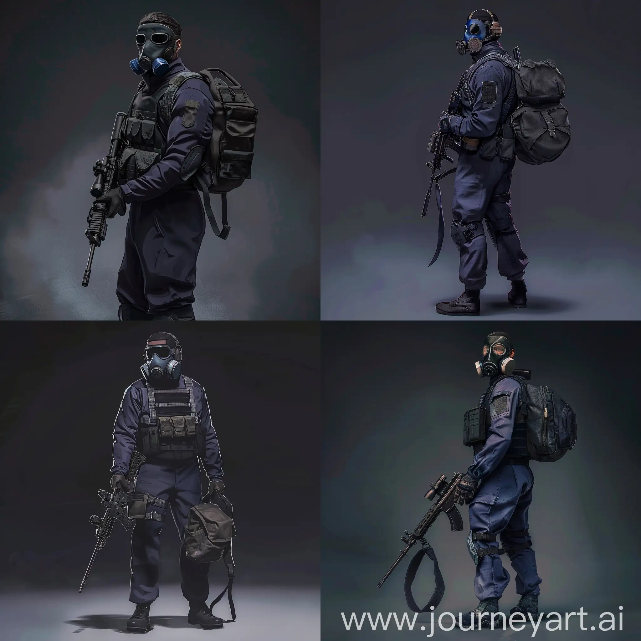 Mercenary, STALKER game, dark purple military jumpsuit, respirator-gasmask on his face, small military backpack, military unloading on his body, sniper rifle in his hands.
