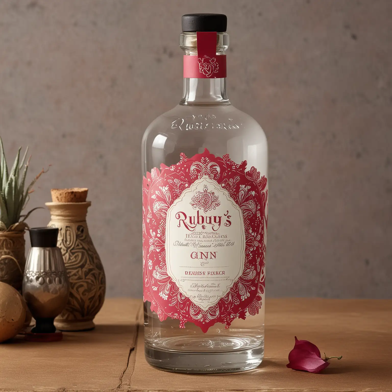 generate a gin bottle labelled rubys fancy bohem design
