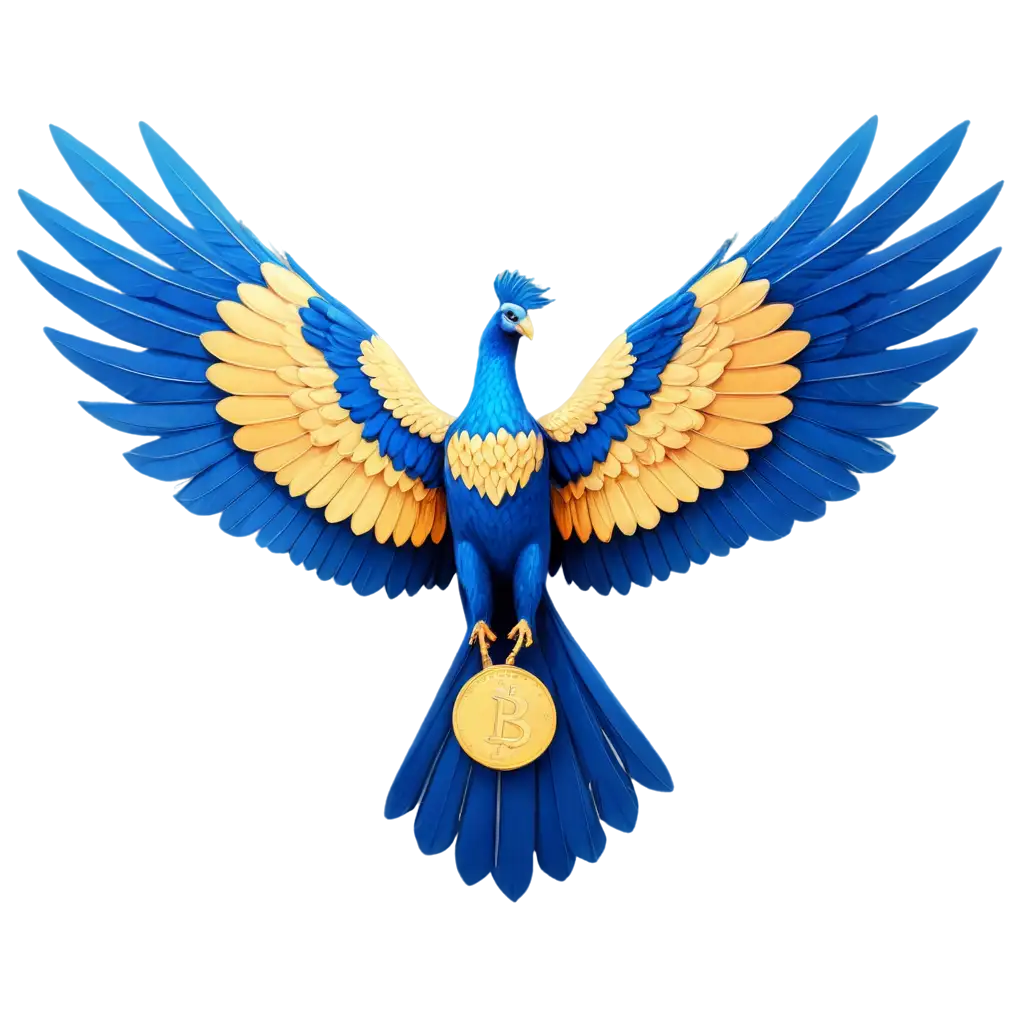 blue phoenix bird, symbolic of financial freedom, crypto coins