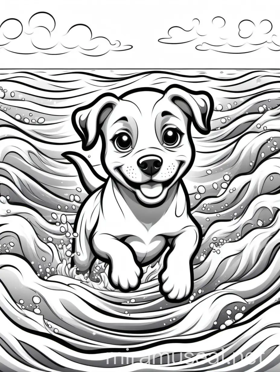 Playful Dog and Puppy Swimming in the Sea Cartoon Animals Coloring Page