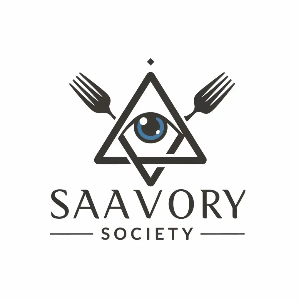 a logo design,with the text "Savory
Savant
Society
", main symbol:fork
eye
triangle
food
knife

,Moderate,be used in food industry,clear background