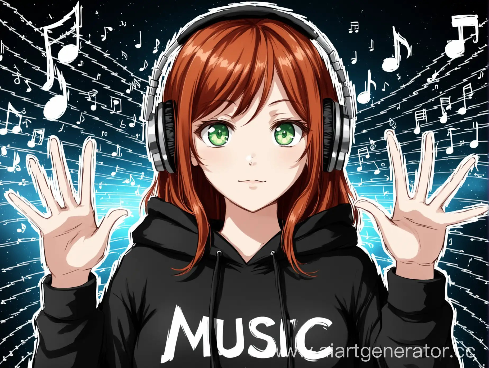 Anime-Girl-with-Green-Eyes-and-Auburn-Hair-Wearing-Black-Hoodie-and-Headphones-Gesturing-Rock-Sign