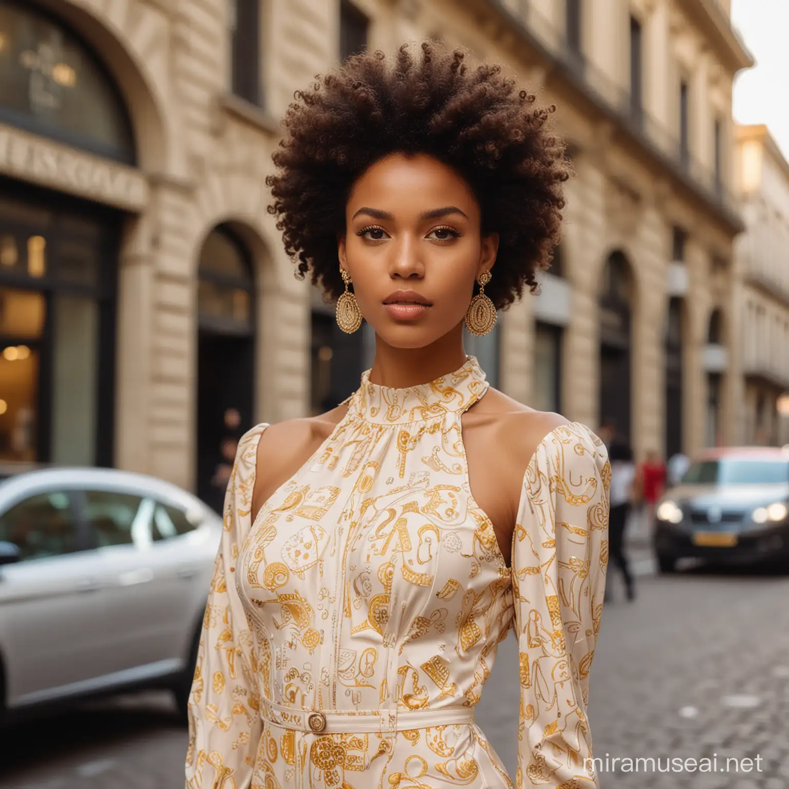 A women super model mixed race , Long and Big volume afro hair, wearing a cream color Versace´s dress, chocolat colors playing with camera looking at camera modeling a small earrings, a Milan 2019 street at background, medium shoot, professional photoshoot