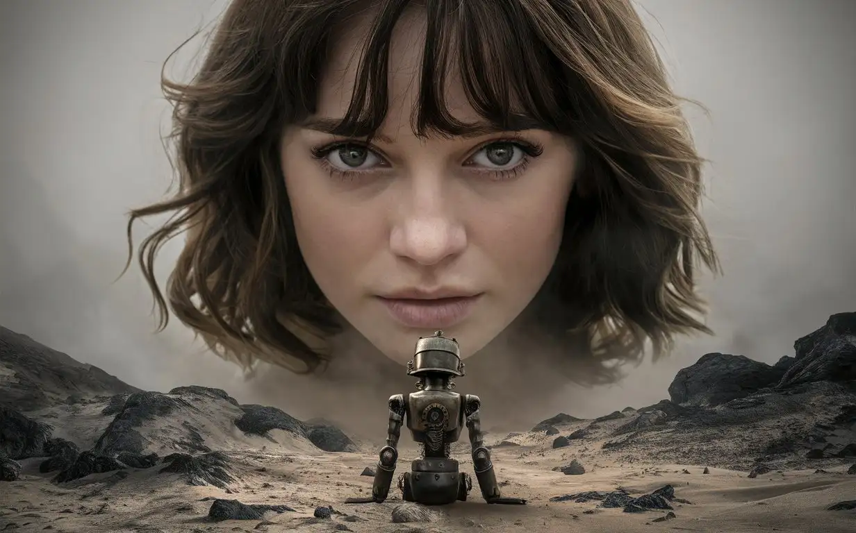 Frontal view, staring into the camera, of a huge floating Emma stone‘s  head emerging from the fog. The face is frontal, and the framing is very tight. It floats just above rocky and sandy ground, in a barren, surreal, suspended landscape, with only desert ground and dense fog. In front of the head, sitting on the ground with its back to the camera, is a tiny humanoid android with a steampunk appearance, 1:10 in size compared to the head. The android is shown from behind.