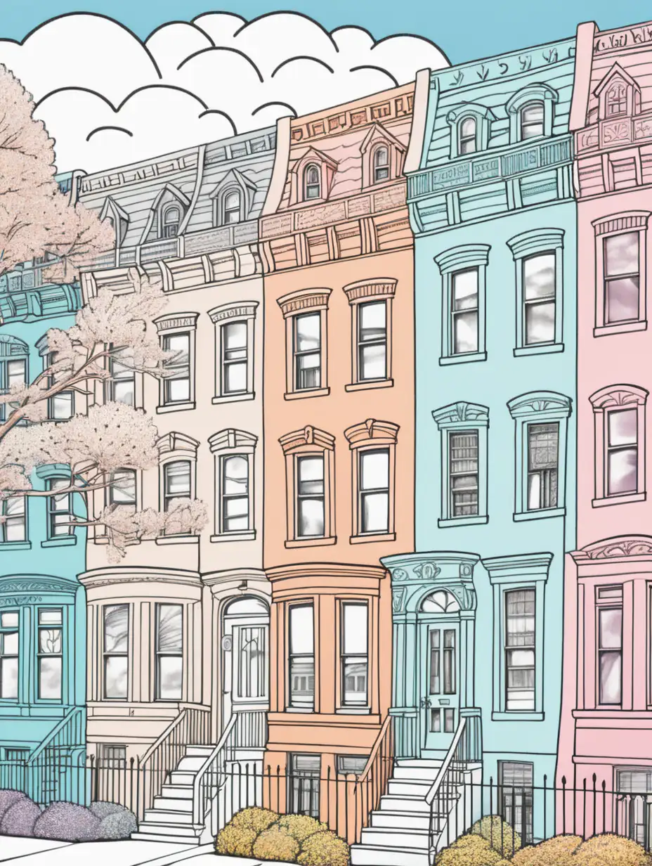illustrated cover for a coloring book, colored in pastel palettes, new york city style townhouses aligned horizontally, each a different color palette, pretty trees and flowers line the block, Some houses are colored in perfectly while others are half colored in, inviting readers to fill in the blanks with their imagination, Above is a playful sky with a sun and some clouds, image serves as the perfect wrap for a whimsical coloring book for young adults, sharp details.
