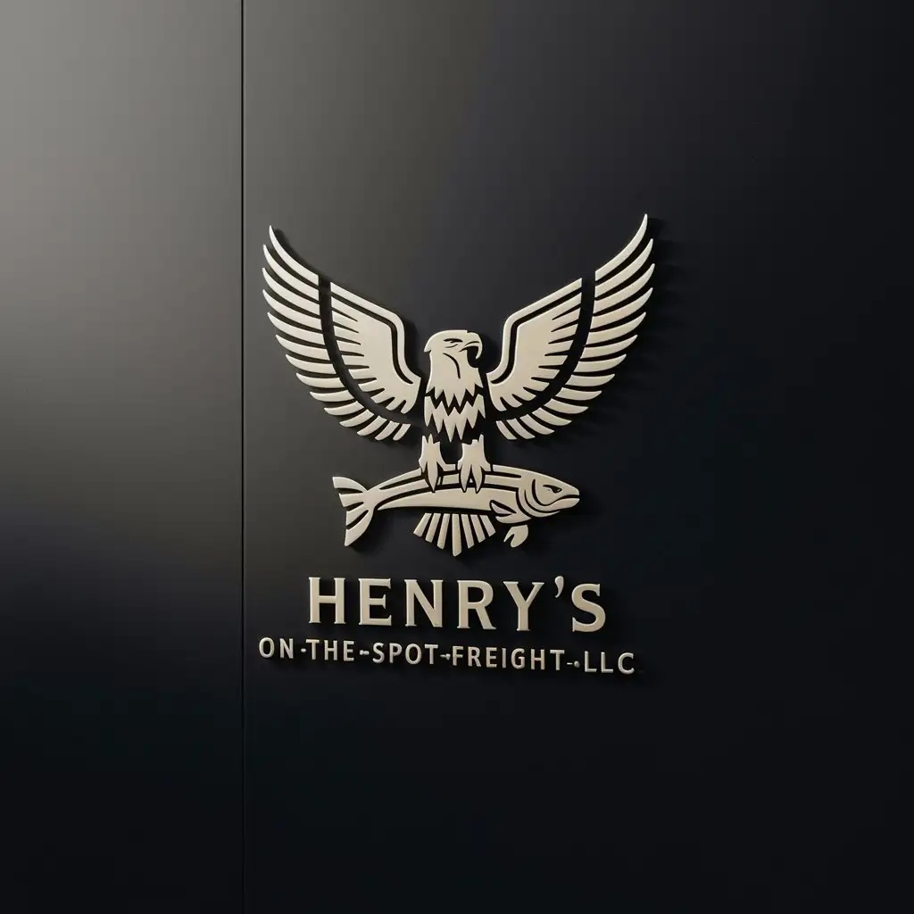 a logo design,with the text "Henry's On-The-Spot-Freight-LLC", main symbol:A Native American style eagle grasping a Native American style salmon with its claws. Black background,Minimalistic,clear background