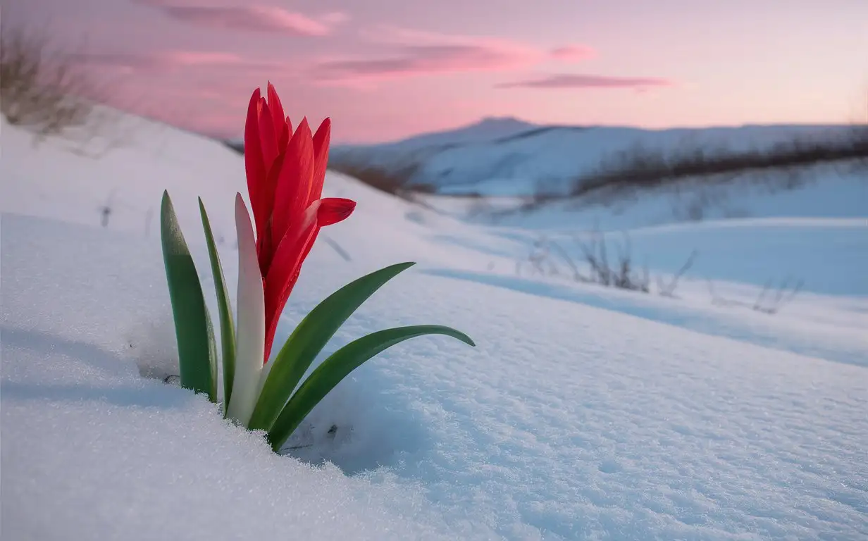 一朵紅色小花在白色雪地中綻放  遠景
