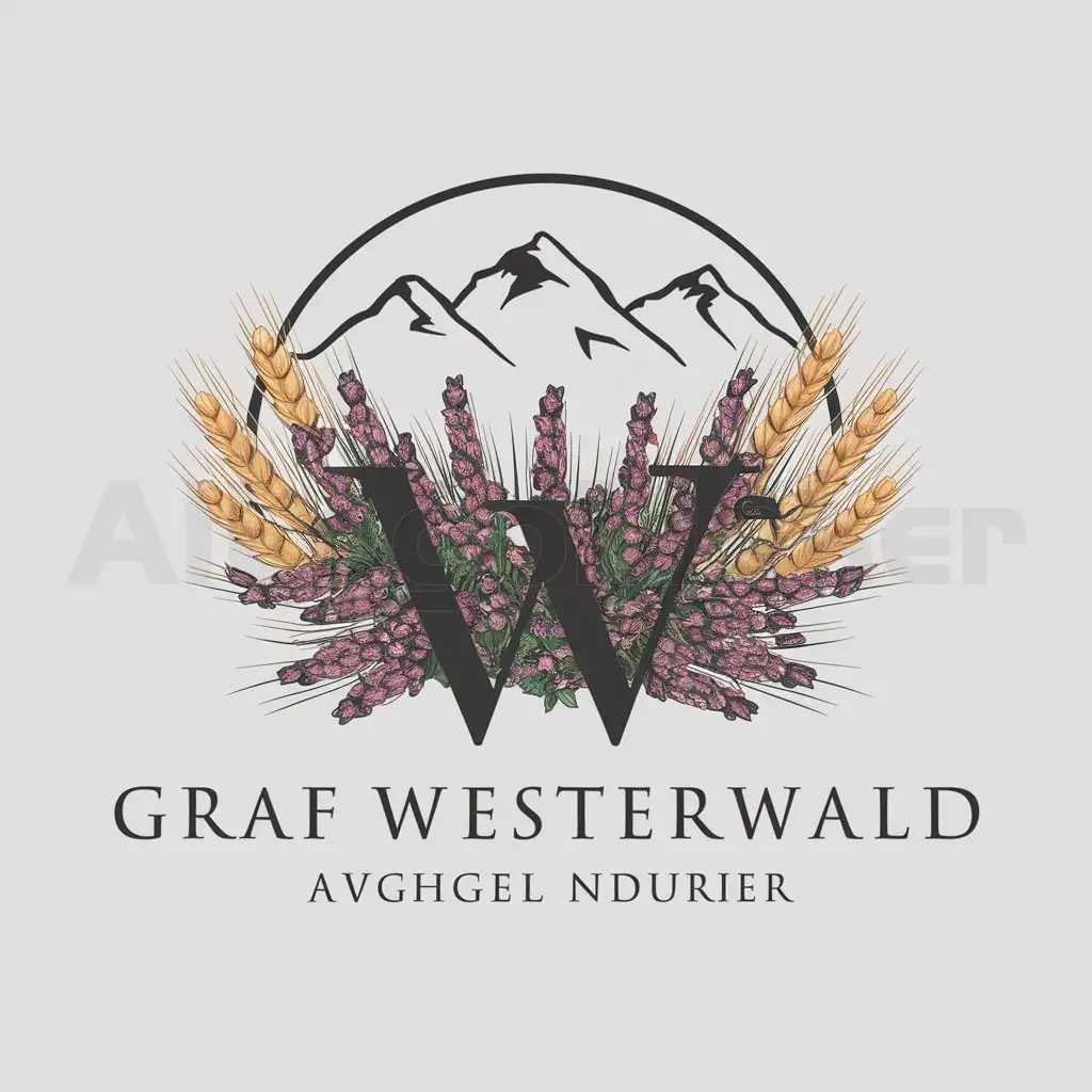a logo design,with the text "Heather flowers in front of mountains, framed by wheat stalks, letter W, inscription Graf Westerwald", main symbol:Heather flowers against the backdrop of mountains,complex,be used in Legal industry,clear background