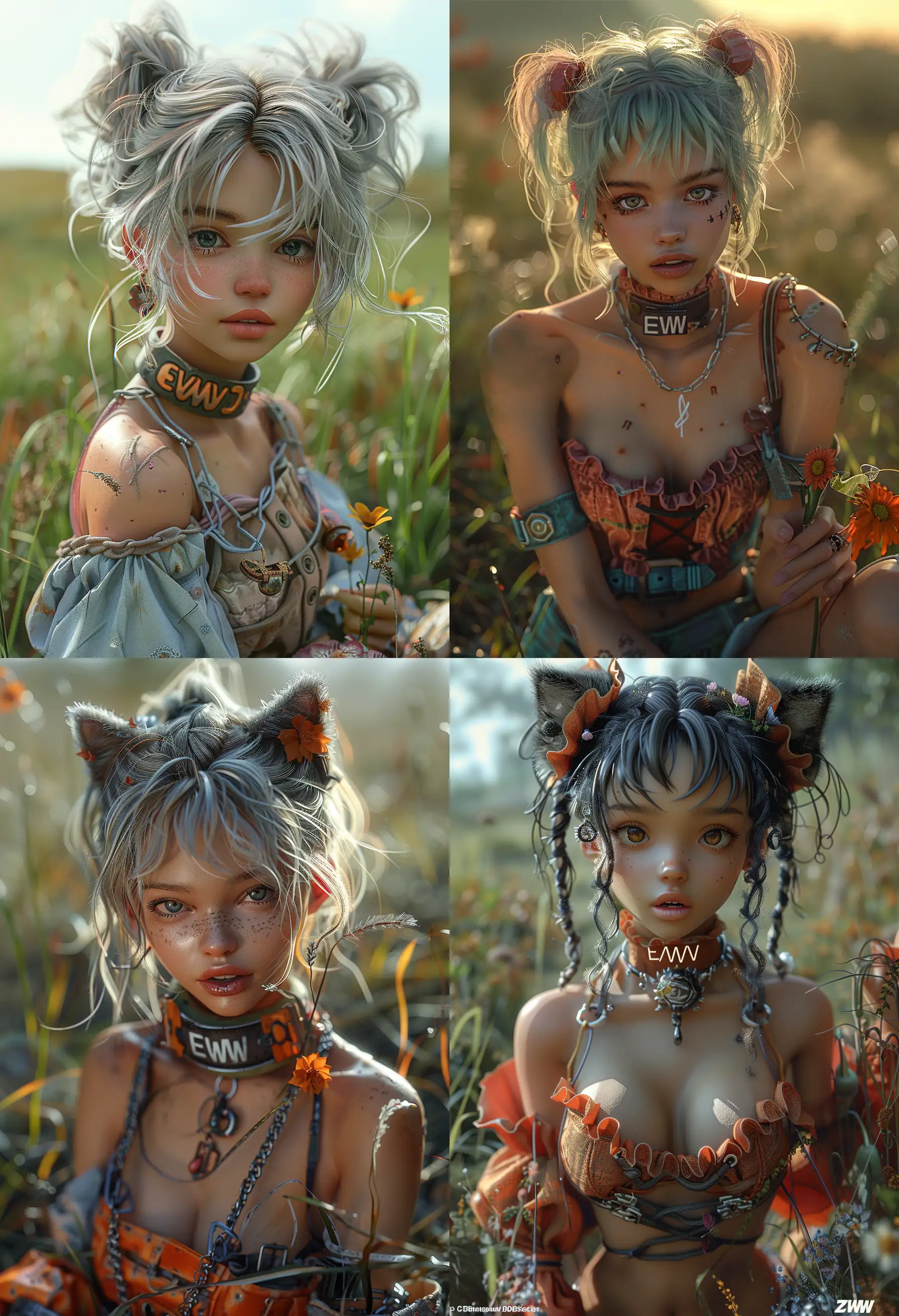 A cute anime character, with a collar with the inscription "EWW", with cute clothes,  ultra realistic, sits in a field of gras, holding a flower in her hand,  high quality CGI VFX fine art, ZBrush HDR | color grading | dark shadows | ambient occlusion | high resolution | intricate | hyperrealistic textures --s 750 --ar 28:41