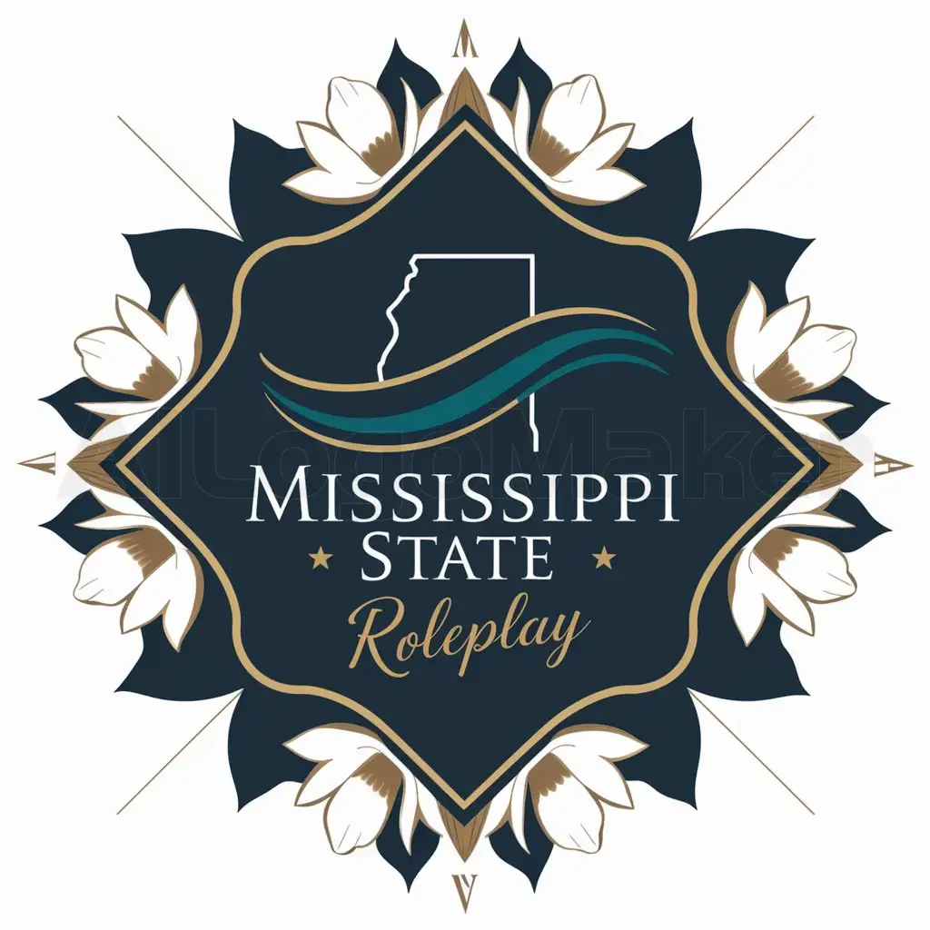 a logo design,with the text "Mississippi State Roleplay", main symbol:The logo should represent Mississippi State Roleplay. It should include the Mississippi River, Magnolia flowers or state outline as well as subtle symbols of role playing such as a map, compass, or theatrical mask. The color palette to use should have a range of deep blues and greens with hints of white and gold. Choose an elegant serif font for 'Mississippi State' and a playful or script font for 'Roleplay.' Ensure the design is symmetrical, scalable, and created in a vector format for versatility and make it Modern.,Moderate,clear background
