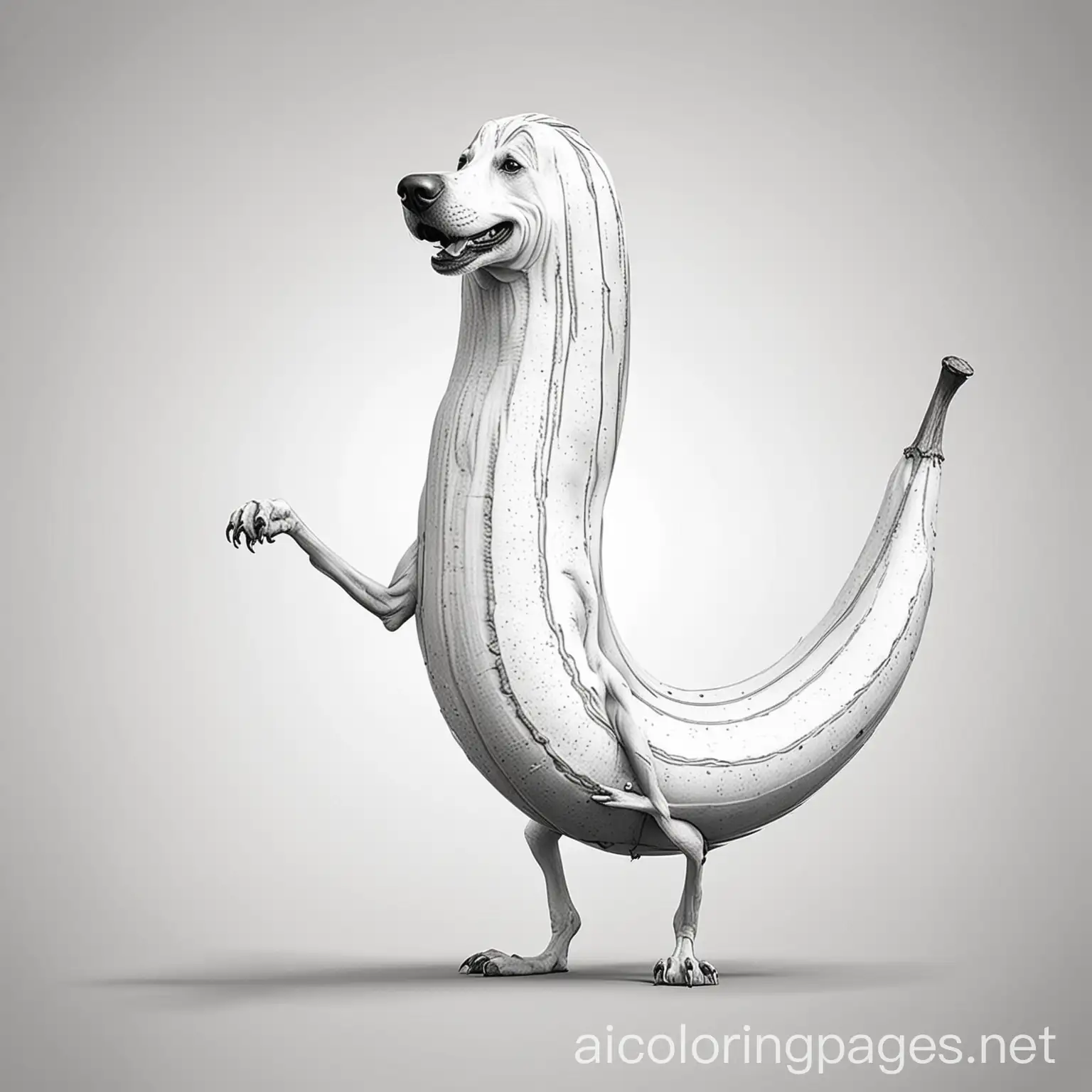 giant mutated banana fused with a dog, Coloring Page, black and white, line art, white background, Simplicity, Ample White Space. The background of the coloring page is plain white to make it easy for young children to color within the lines. The outlines of all the subjects are easy to distinguish, making it simple for kids to color without too much difficulty