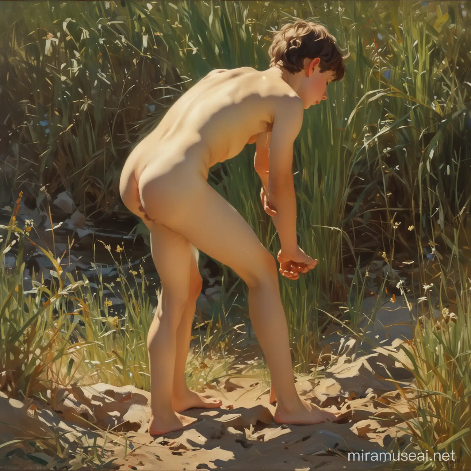 SorollaInspired Portrait Radiant Nude Boy in Sunlit Meadow