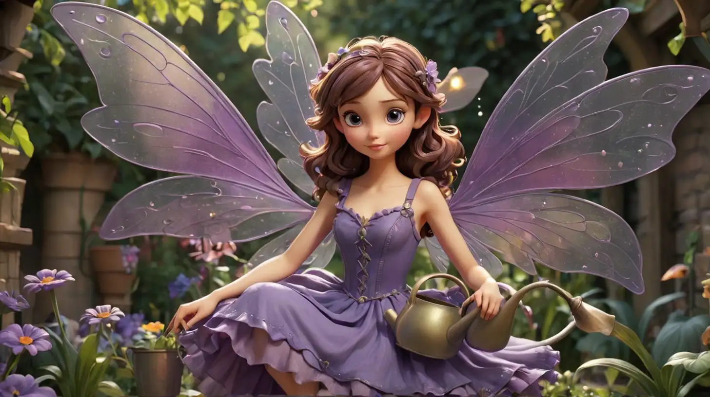 A beautiful fairy, 3D. Disney Style, large fairy wings, only one fairy, in a garden holding a watering can, in a purple dress
