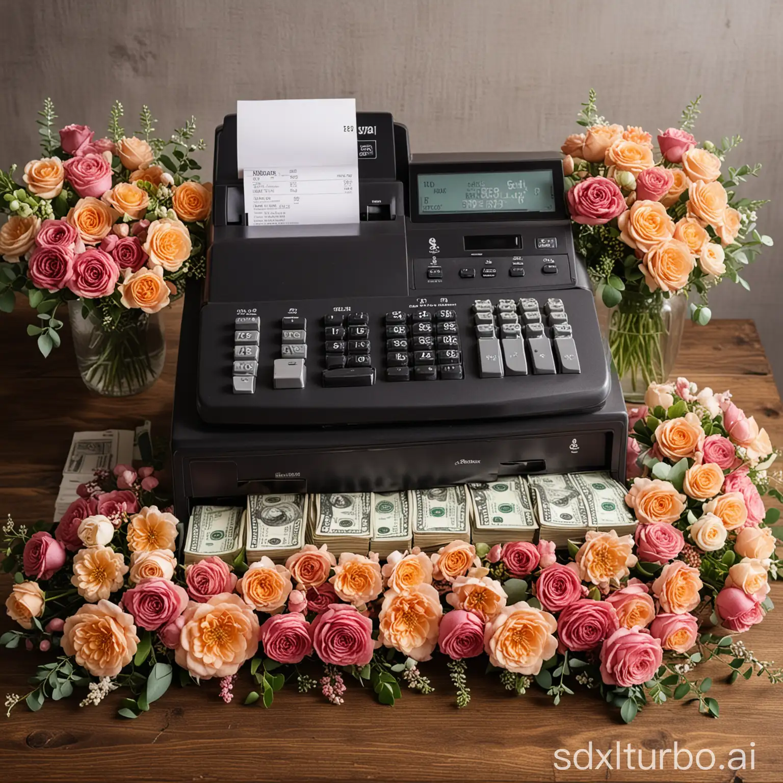 photo caisse enregistreuse avec des fleurs 