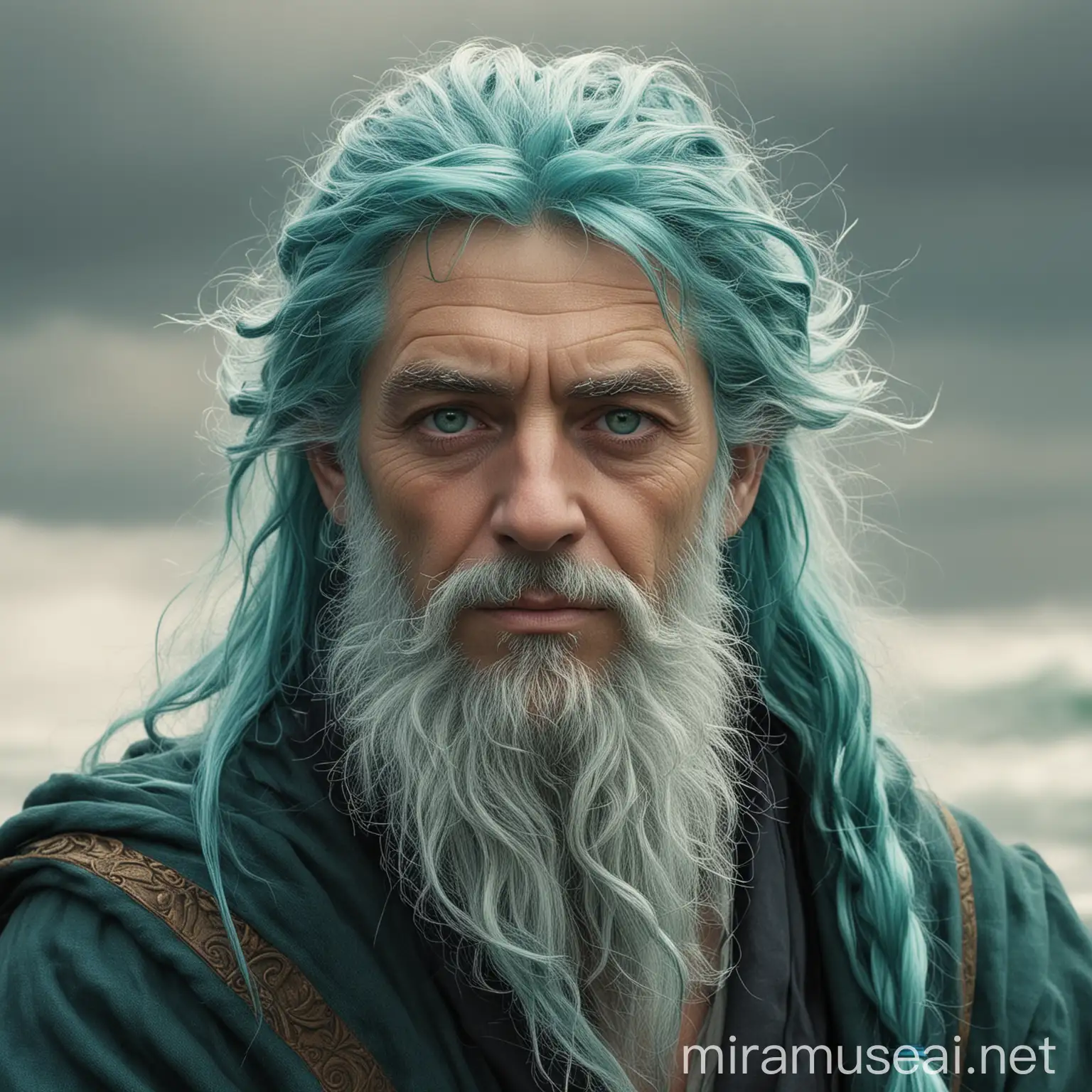 Mystical Wizard with SeaGreen Eyes and Flowing Blue Hair