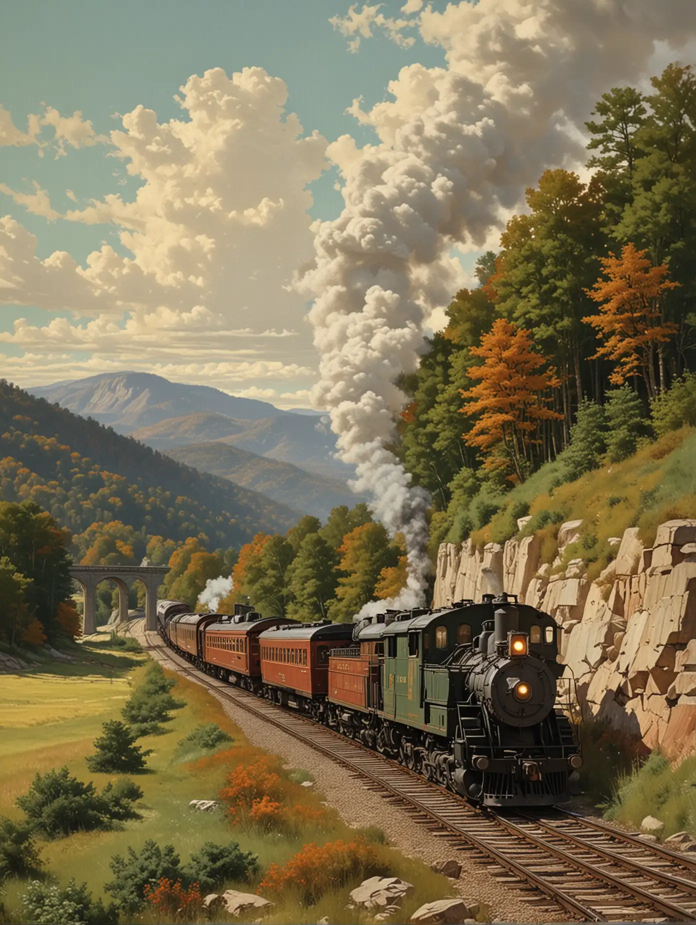 Vintage Train Passing Through Scenic Countryside in Norman Rockwell Style