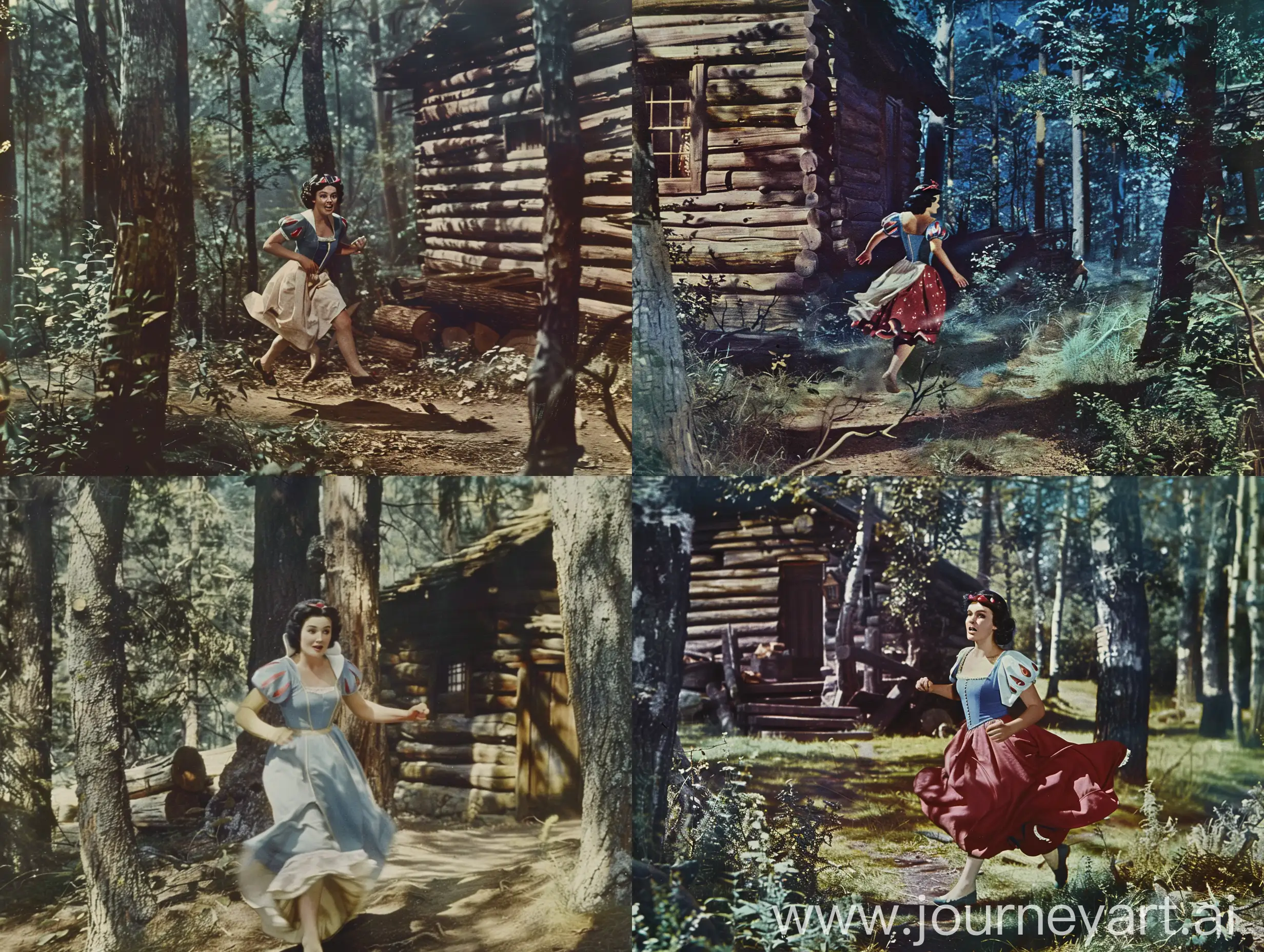elizabeth taylor as snow white is running through the forest towards a log cabin and looks back with fear,1950's super panavision 70 , vintage color
