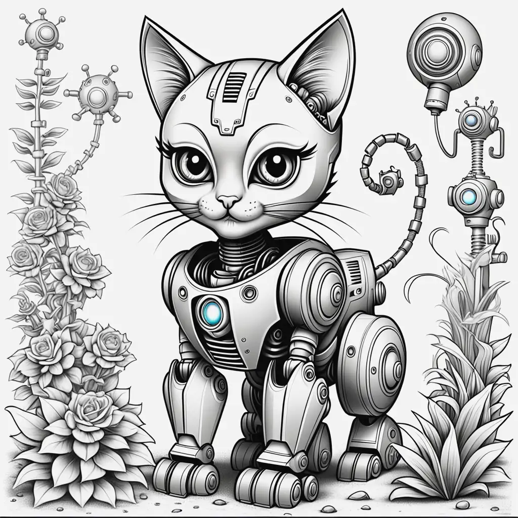 Adorable Robot Kitten for Coloring Book Fun