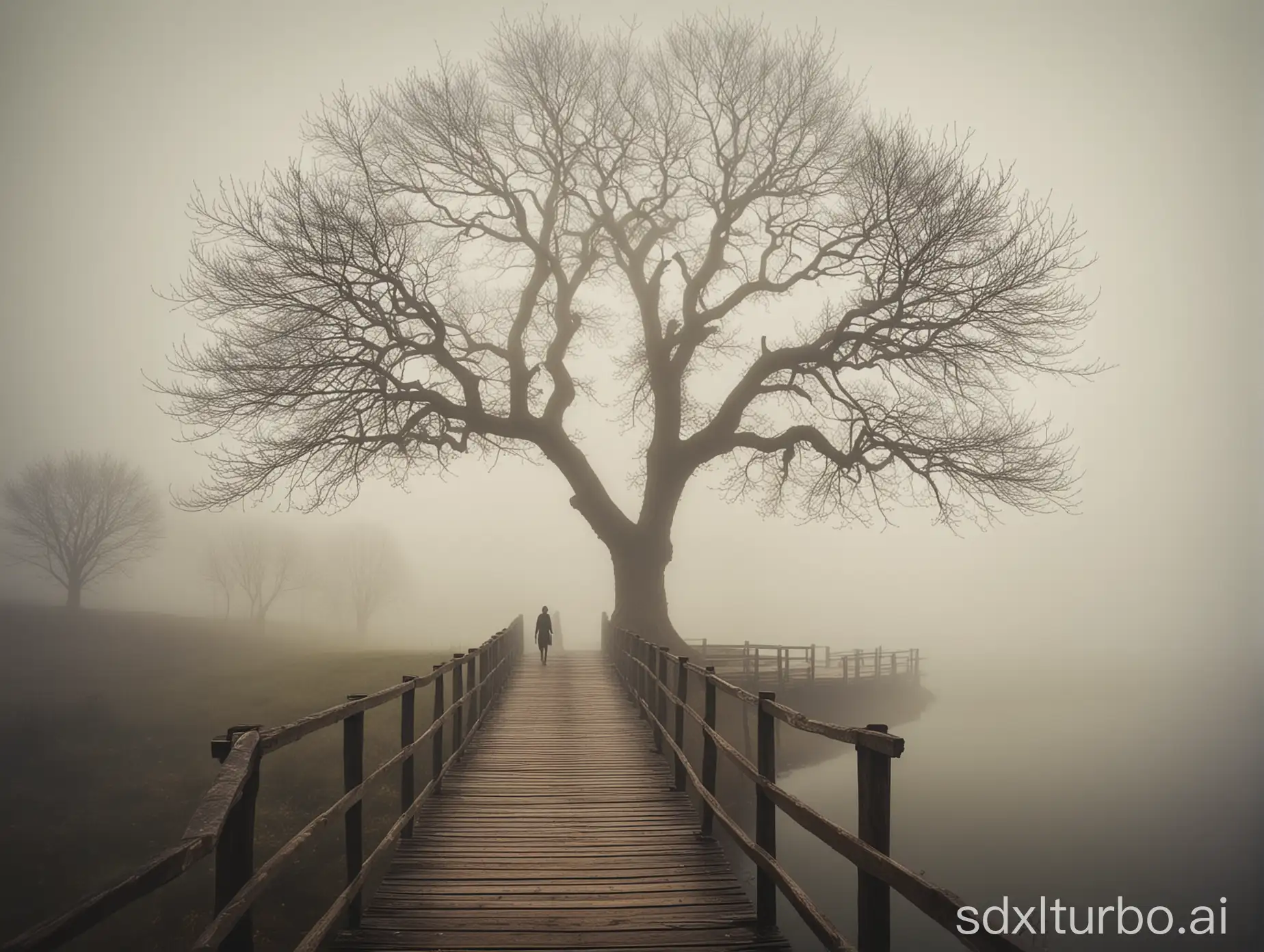 Mystical landscape, fog, tree, person, bridge
