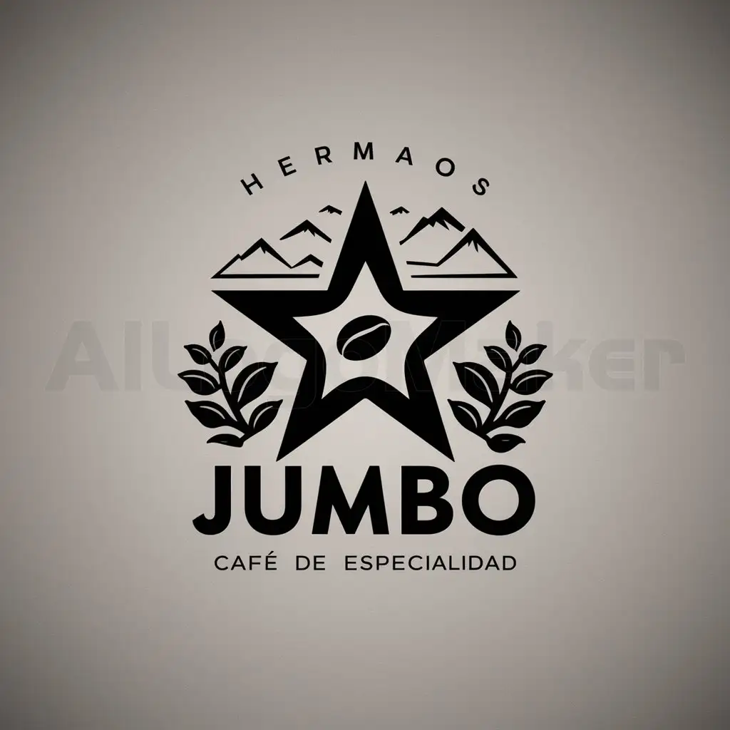 a logo design,with the text "HERMANOS JUMBO CAFÉ DE ESPECIALIDAD", main symbol:a logo design, with the text 'JUMBO SPECIALTY COFFEE BROTHERS', main symbol: a coffee bean, coffee plants and mountains,complex,be used in Restaurant industry,clear background