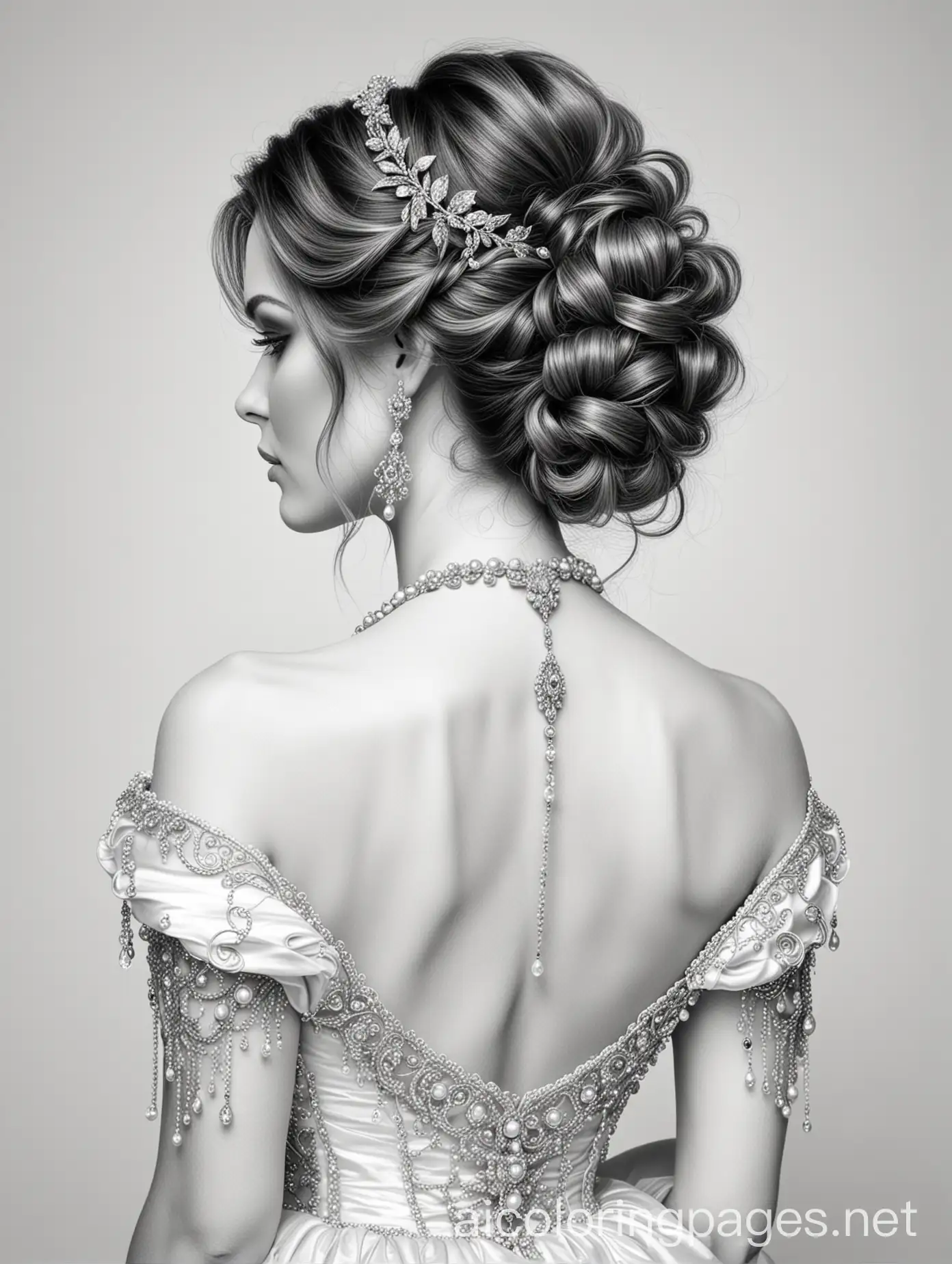 back view of a woman wearing fancy jewelry and Bridgerton updo hairstyle with long wavey hair and pearls and a fancy dress, Coloring Page, black and white, line art, white background, Simplicity, Ample White Space