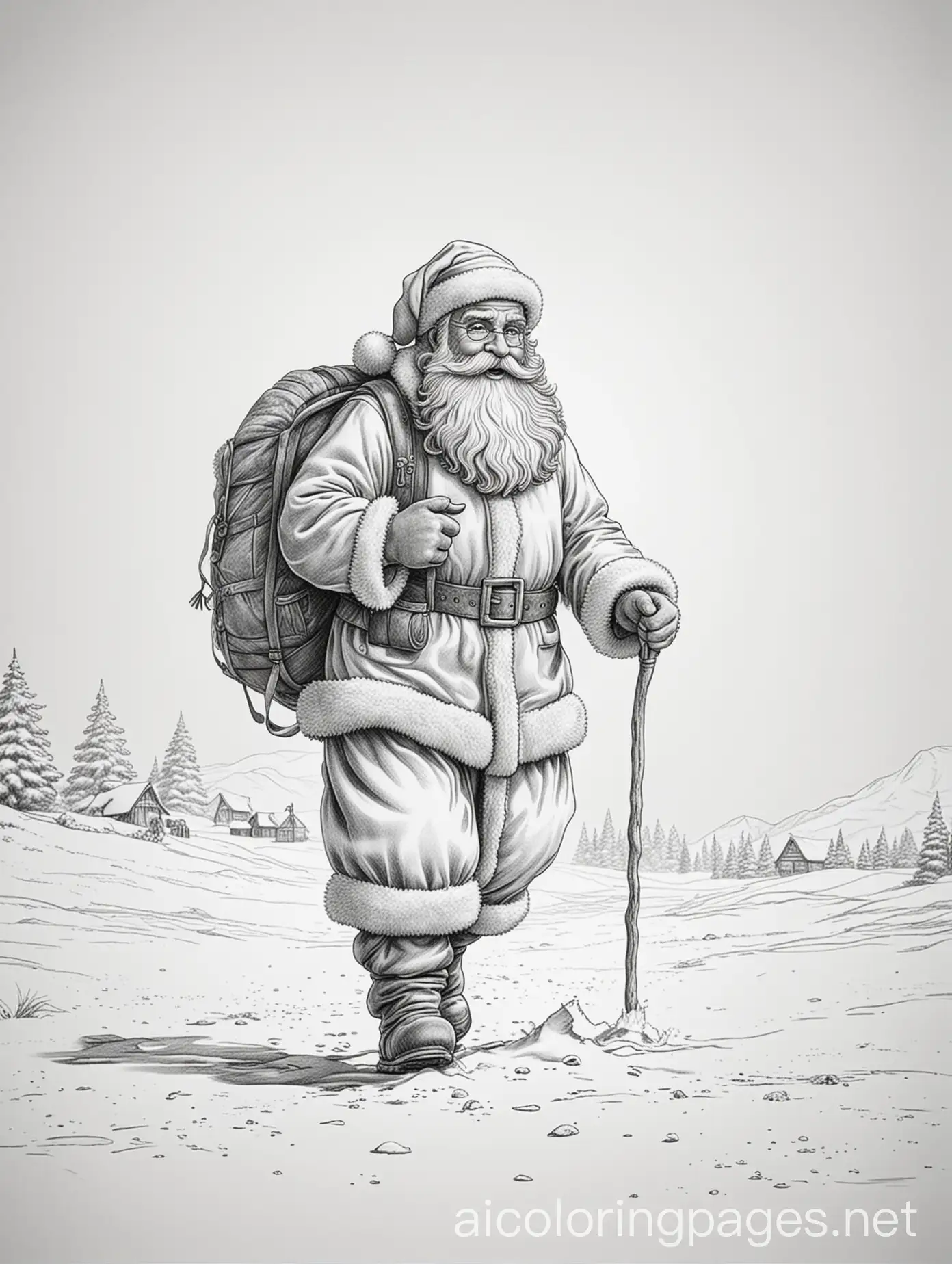 Santa claus walking in the snow at the north pole, Coloring Page, black and white, line art, white background, Simplicity, Ample White Space. The background of the coloring page is plain white to make it easy for young children to color within the lines. The outlines of all the subjects are easy to distinguish, making it simple for kids to color without too much difficulty
