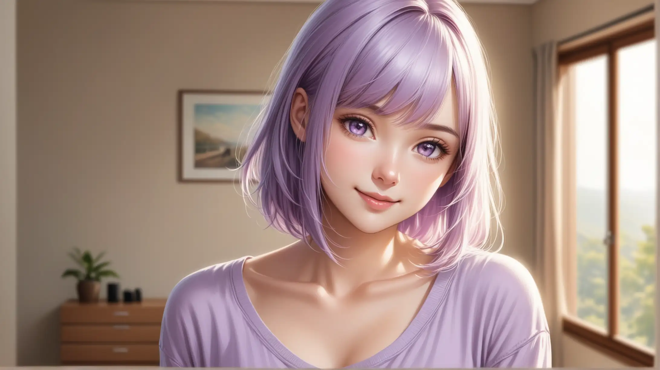 Seductive Woman with ShoulderLength Light Purple Hair in Casual Pose