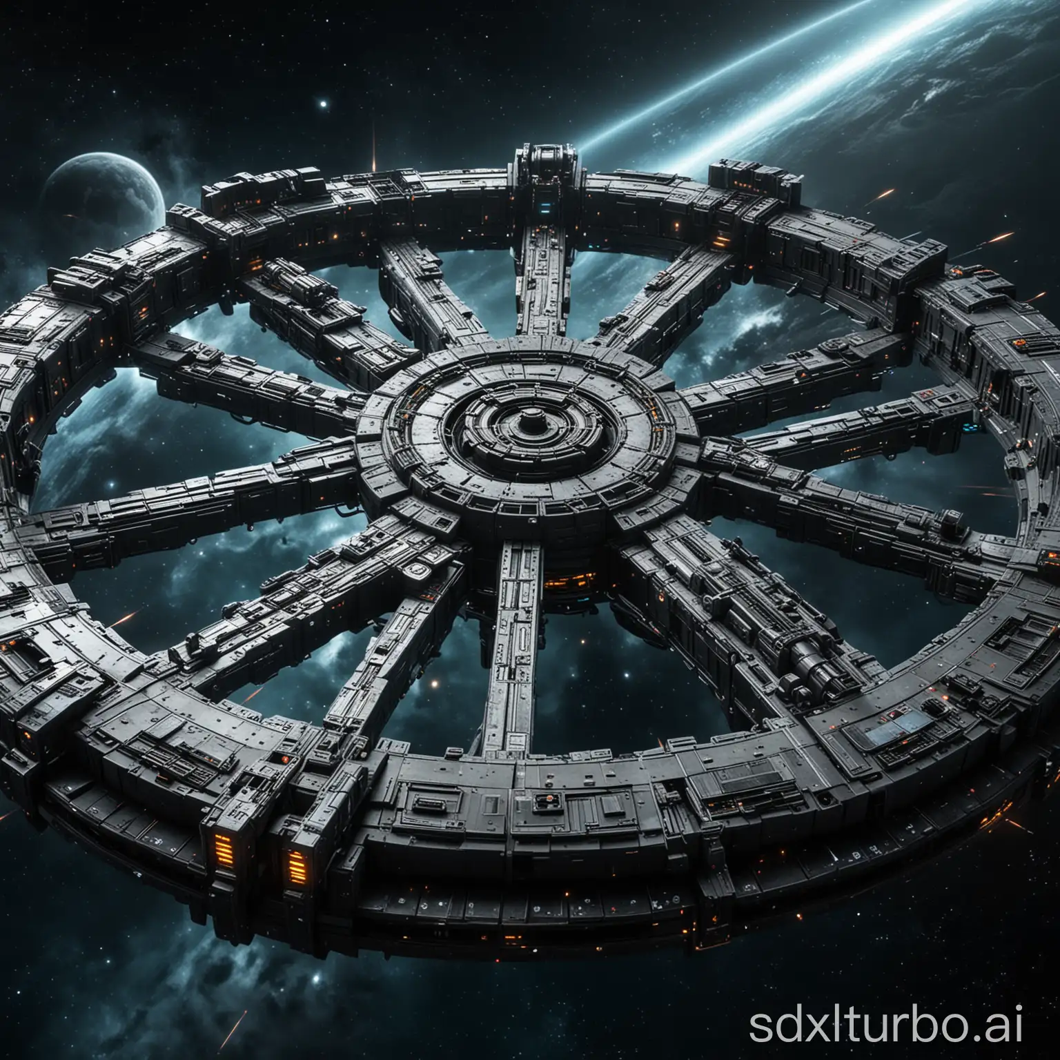 huge high detailed armored ring battle station with guns and lasers in dark space