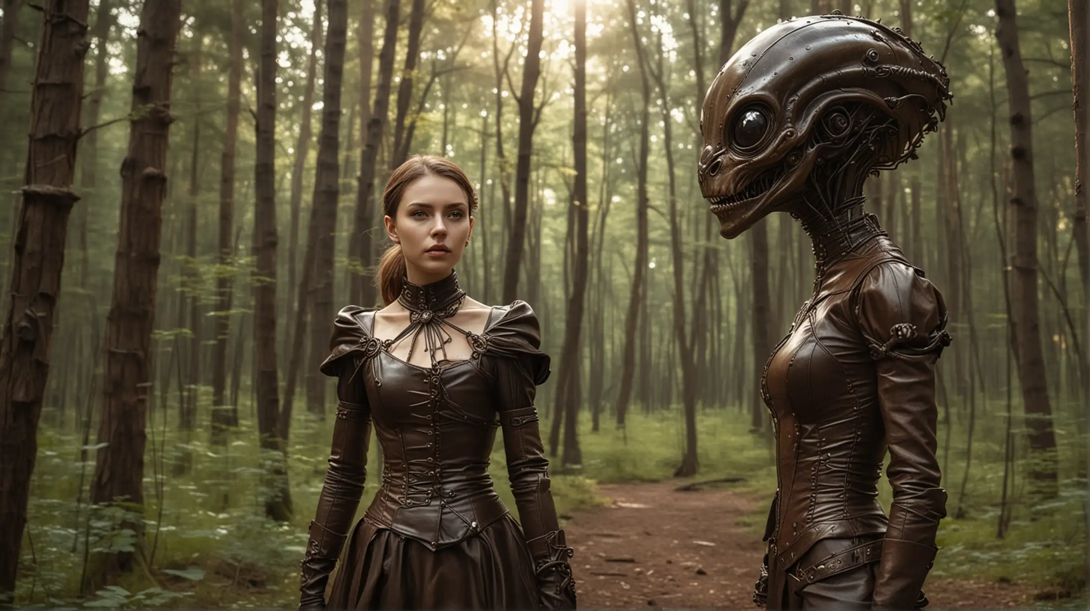 A young steampunk woman in an elegant leather dress meets a human-like alien in a forest, the woman is not afraid and is curious, sunny and hot