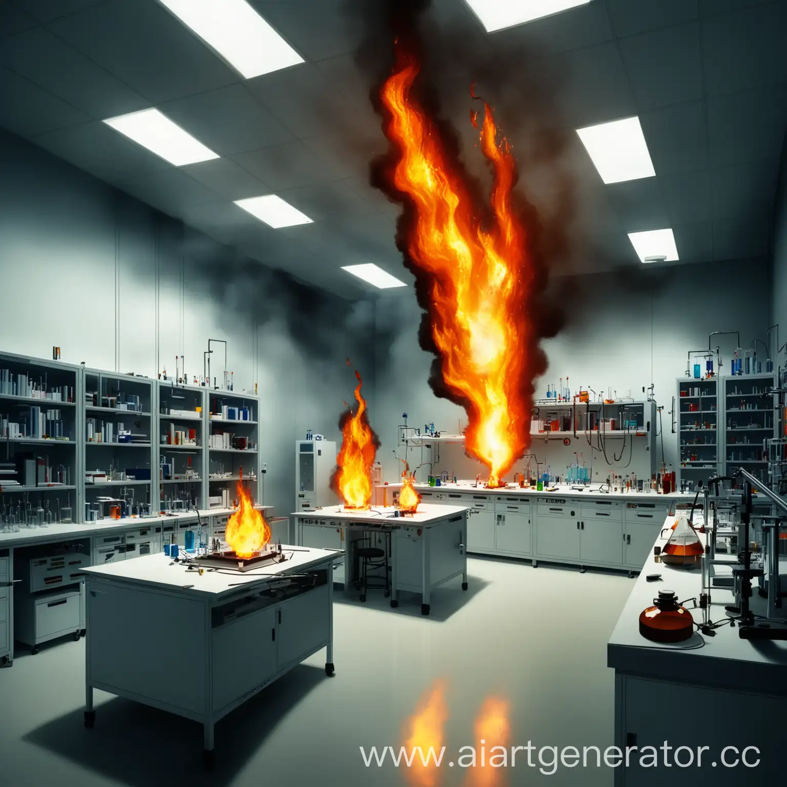 there is a fire in a modern laboratory, the fire shoots up to the ceiling.