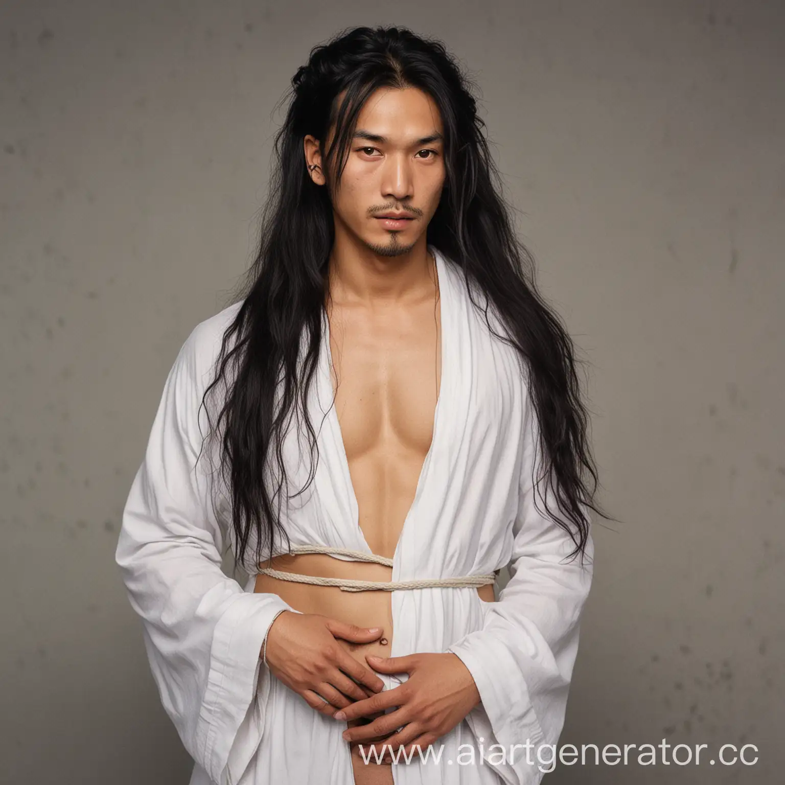 Pregnant-Gypsy-Chinese-Man-in-White-Robe-with-Bandaged-Hands-and-Ponytail