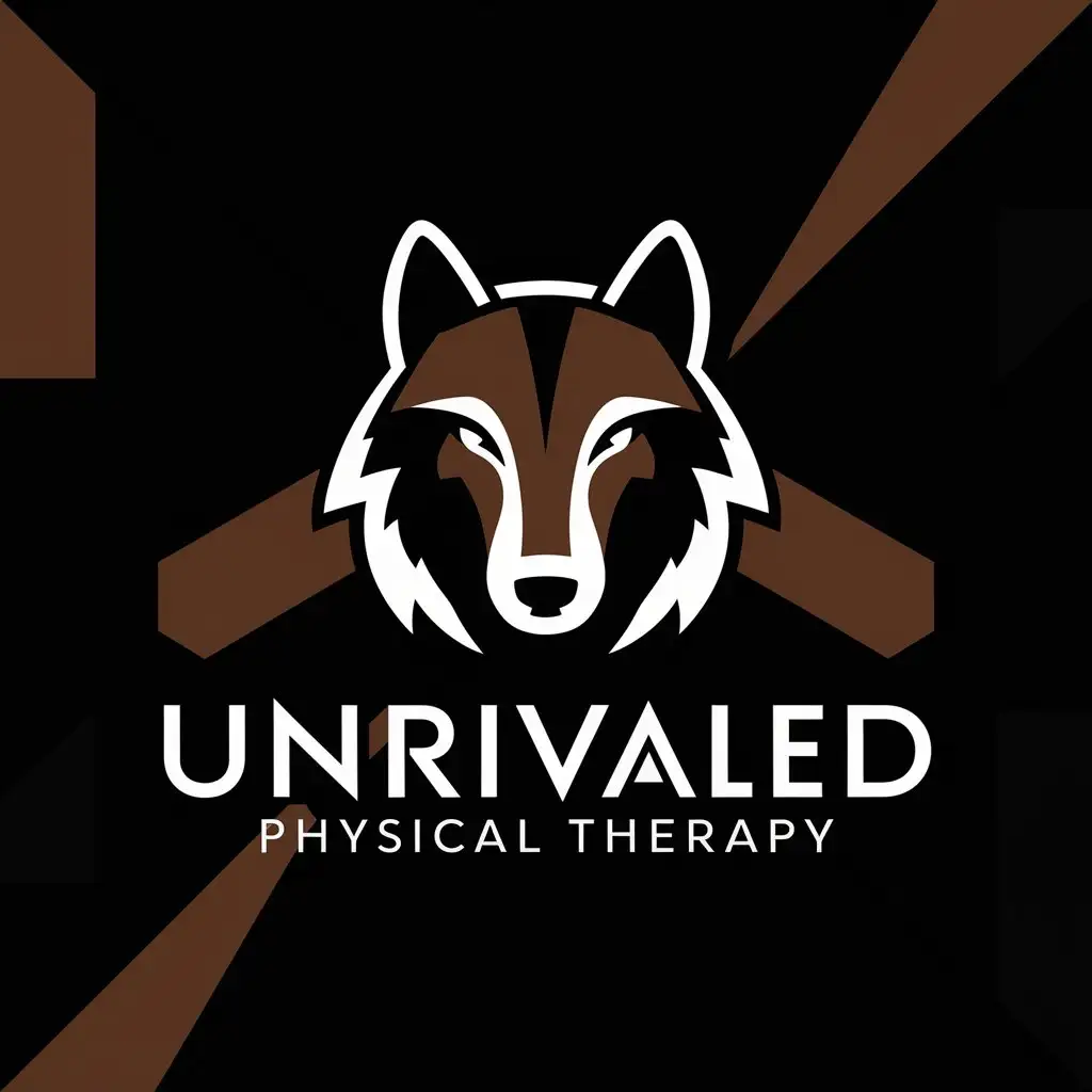 a logo design,with the text "UNRIVALED Physical Therapy", main symbol:the logo is Bold and modern in style. this logo should include a modern minimalist wolf head. preferred colors brown and white. must be a black background,Moderate,clear background