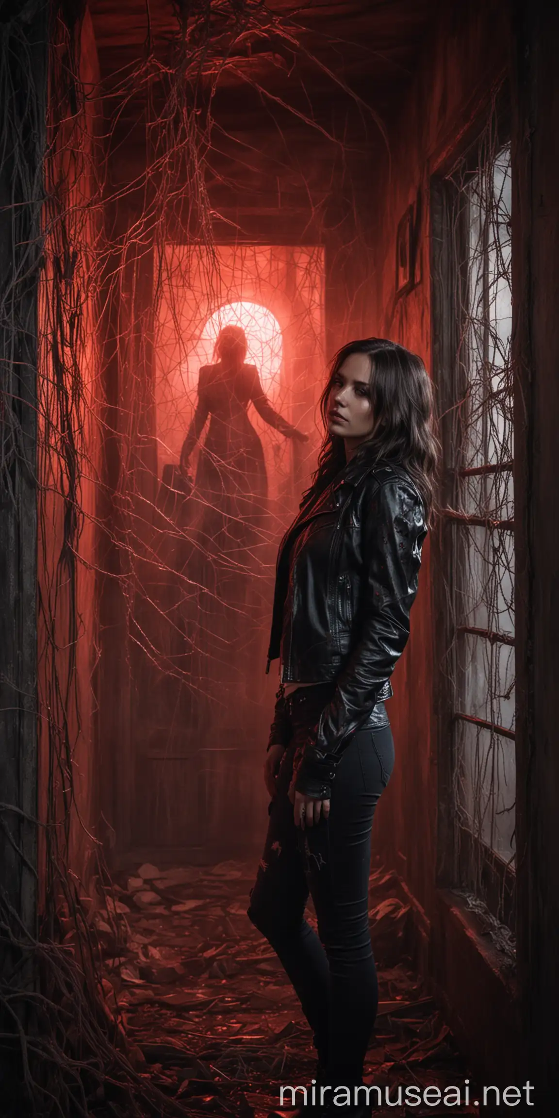 A beautiful lady in a leather jacket, looking out from a scary house with cobwebs and red luminous light behind, with a strange shadow hand above